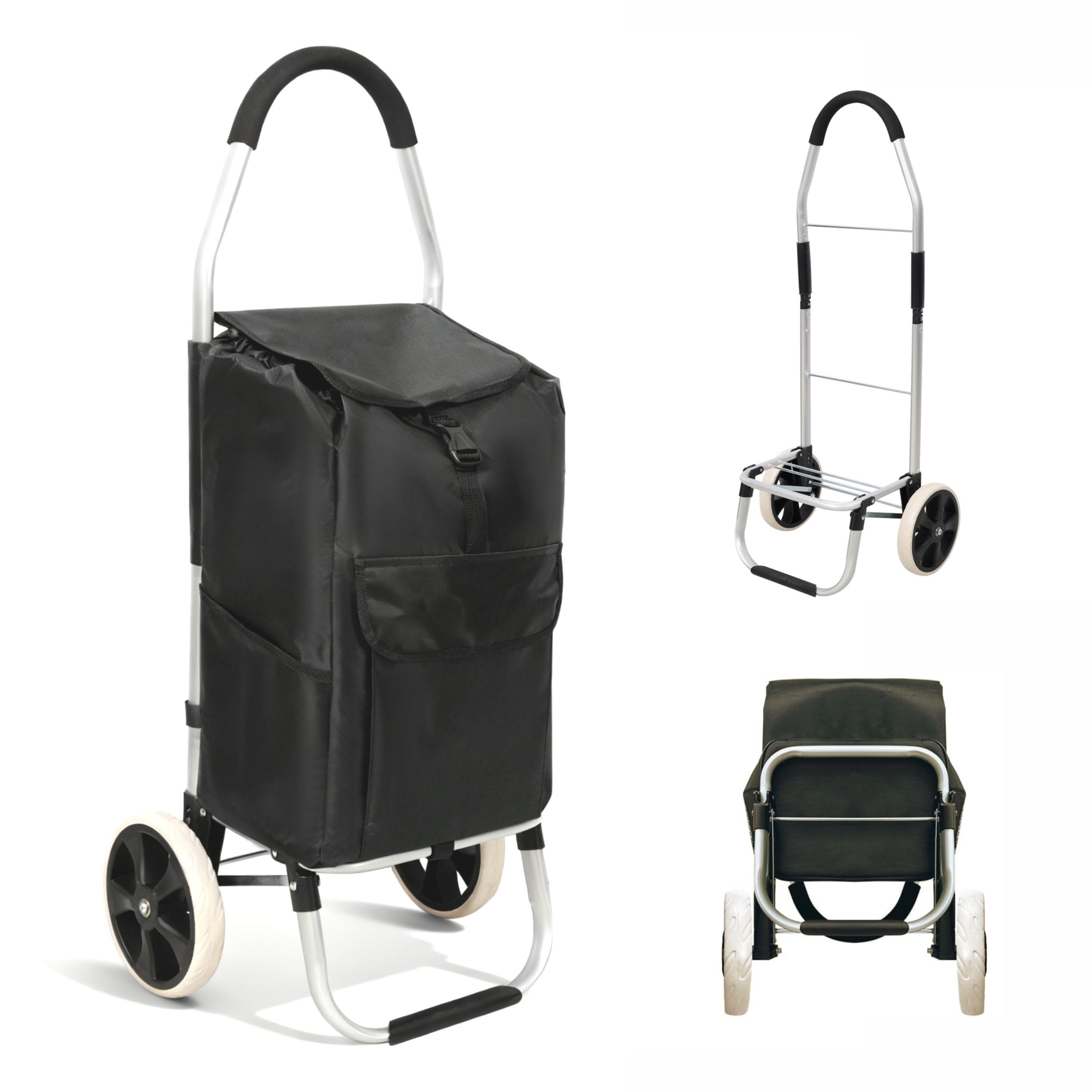 STARZEY Heavy Duty Collapsible Shopping Cart with Wheels, Waterproof Oxford Removable Bag, Foldable Rolling Trolley for Groceries Laundry Travel (