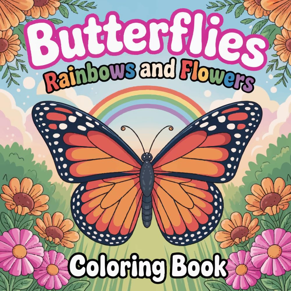 Butterflies Rainbows and Flowers Coloring Book: Simple butterfly and rainbow art for peaceful coloring fun