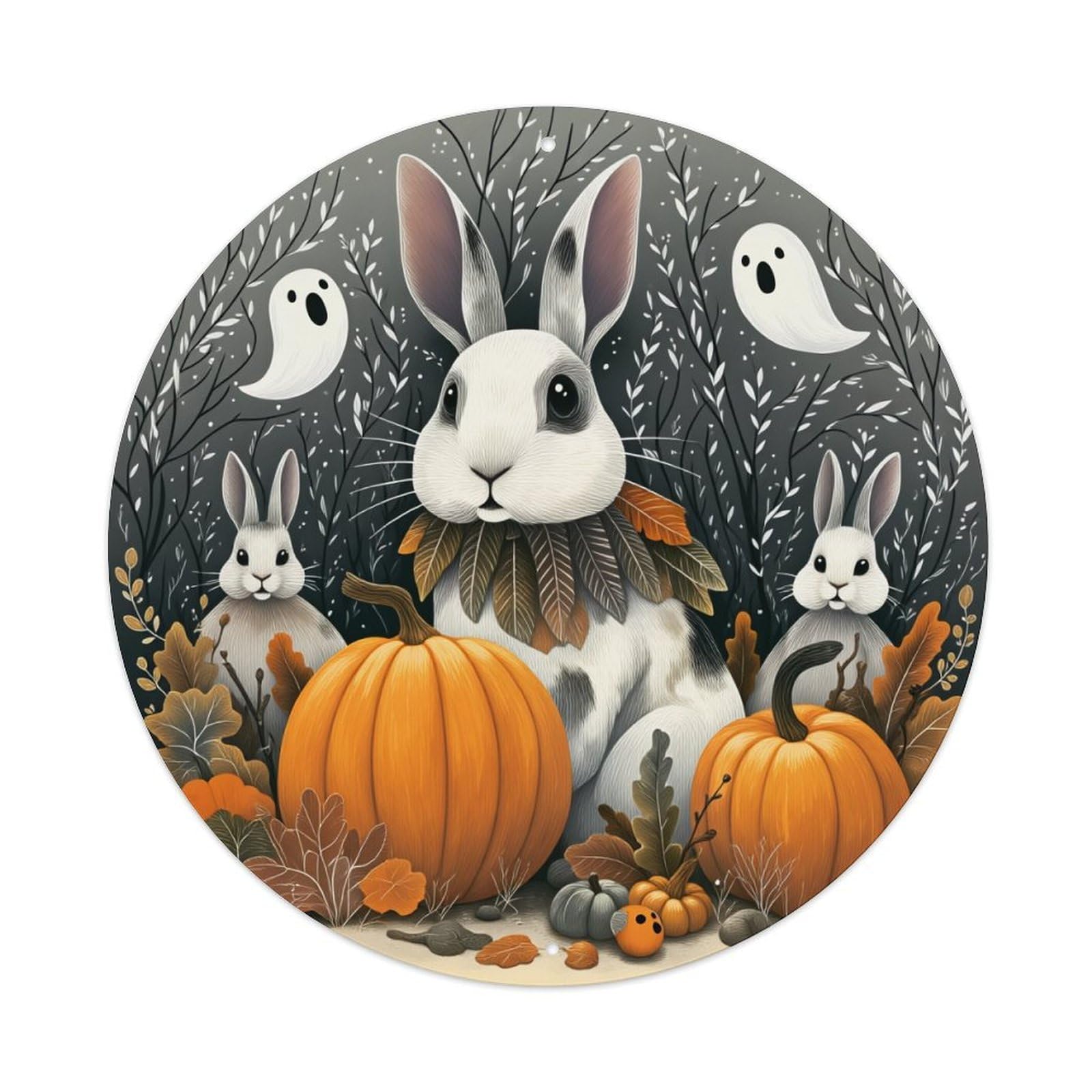 Bunny Pumpkin Ghost Autumn Leaves Round Tin Sign Retro Metal Sign for Cafe Bar Pub Home Game Room Gym Club Wall Decoration Vintage Metal Poster 8x8 Inch