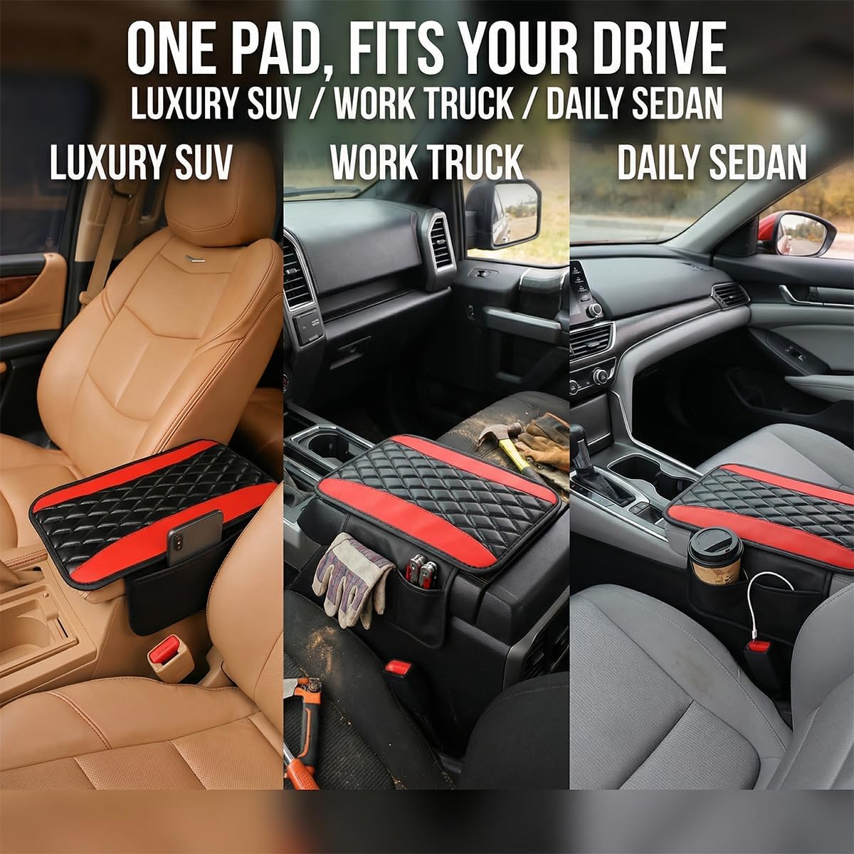 Moly Magnolia Car Center Console Cushion Pad, Universal Leather Waterproof Armrest Seat Box Cover Protector with 2 Side Storage Pocket,Comfortable Car Decor Accessories Fit for Vehicle SUV (Black)