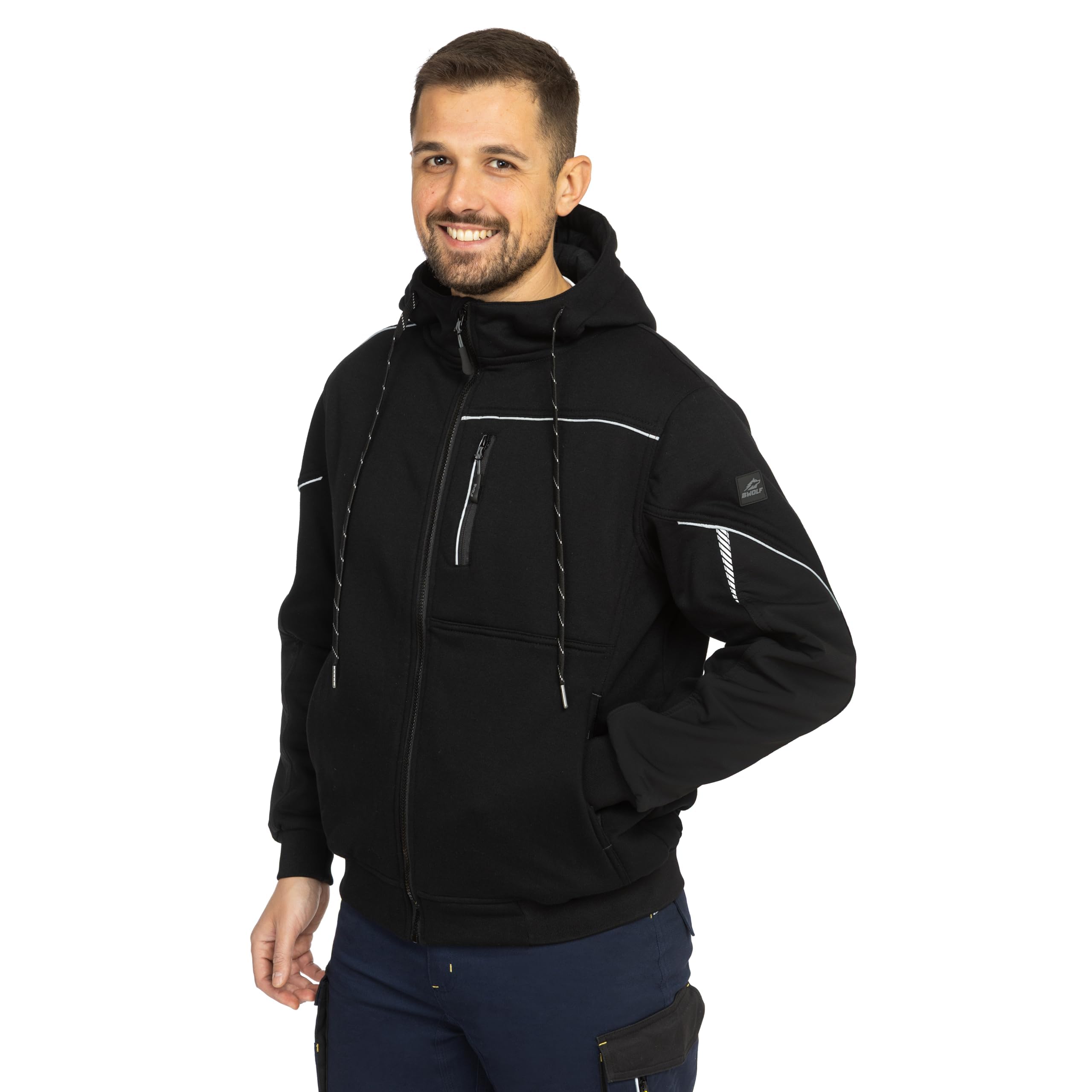 BWOLF DAYTONA Chaqueta de trabajo para hombre con capucha con cremallera - Sudadera con capucha y detalles reflectantes, bolsillo en el pecho y codo reforzado