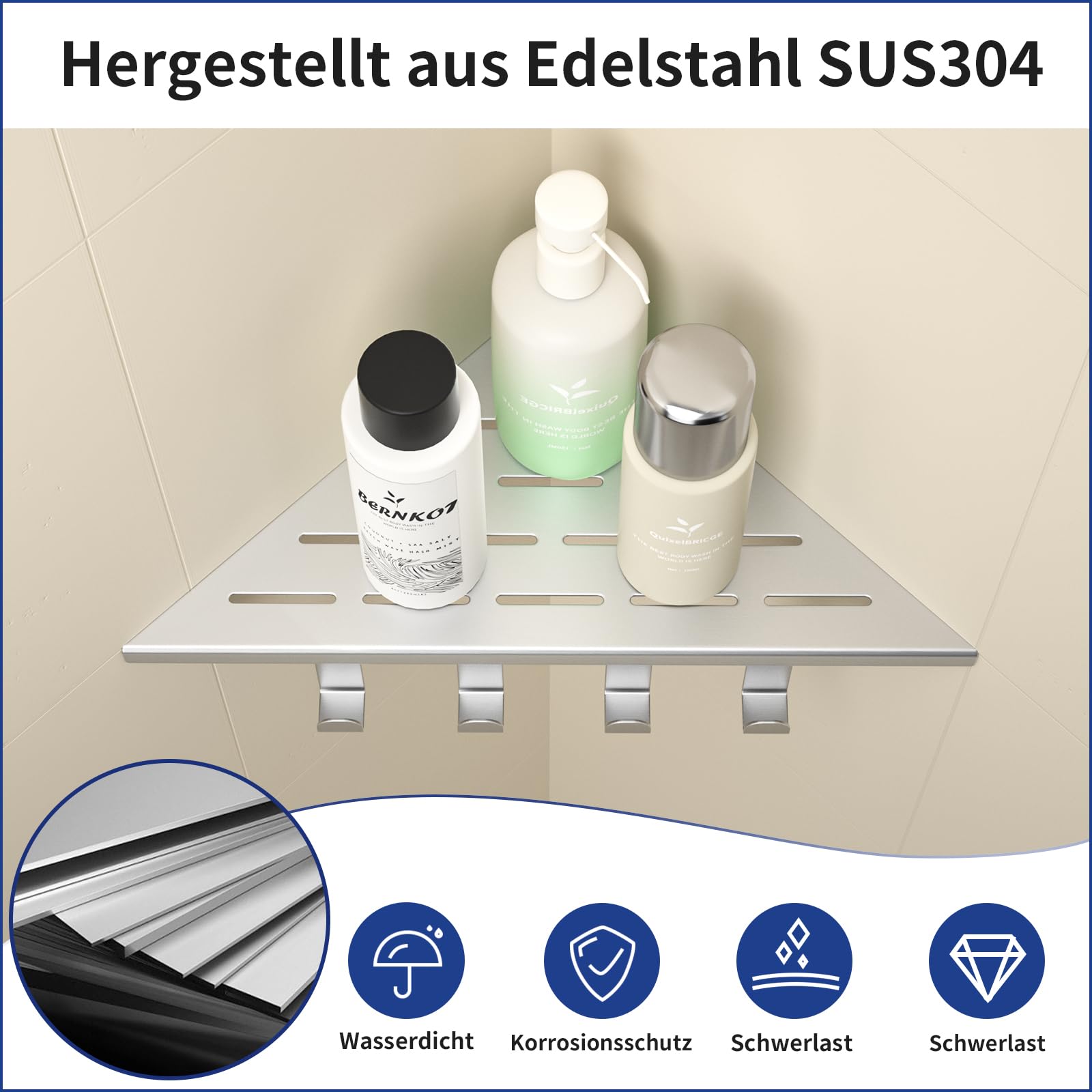 Eck-Duschregal aus 304 Edelstahl mit 4 verschiebbaren Haken | Upgrade 25,4 cm Eckregal Dusche, Duschablage Ecke für Badrenovierung & Umbau, passend für geflieste Wände, gebürstet