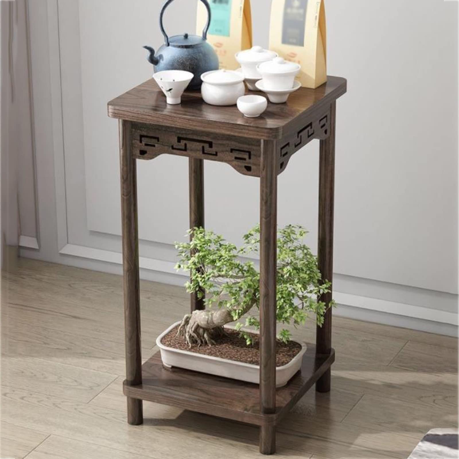Piedistallo Quadrato in Legno Massello per Bonsai, Base per Teiera, Decorazione per Vaso, Espositore per Ufficio a Casa (3,9 * 3,9 * 1,5 Pollici