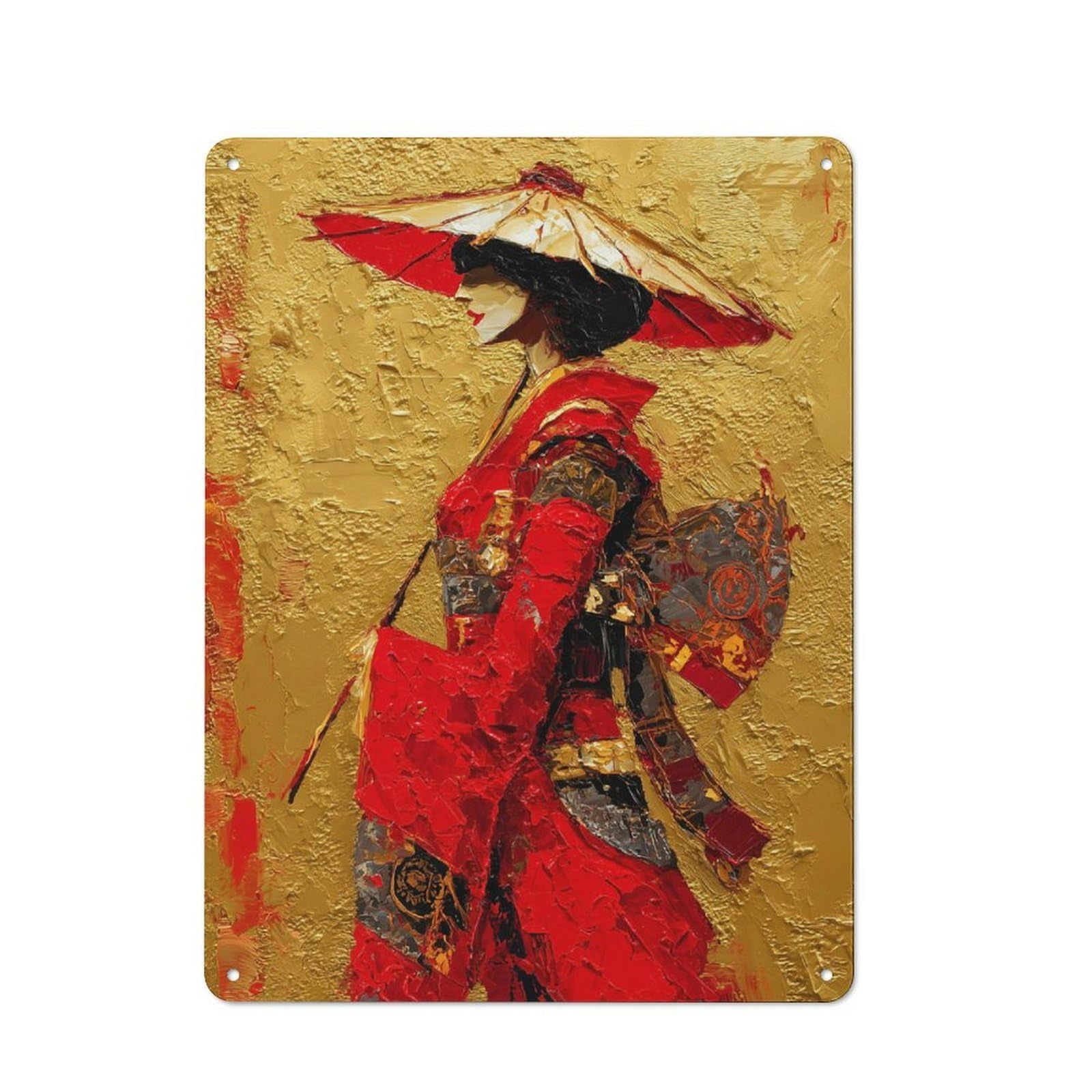 Junmoney Style-14 Geisha With Red Umbrella Tin Wall Plaque 40X30cm, Barn Style Rustic Kitchen Decor For Farmhouse Kitchen, Pantry Or Dining Area