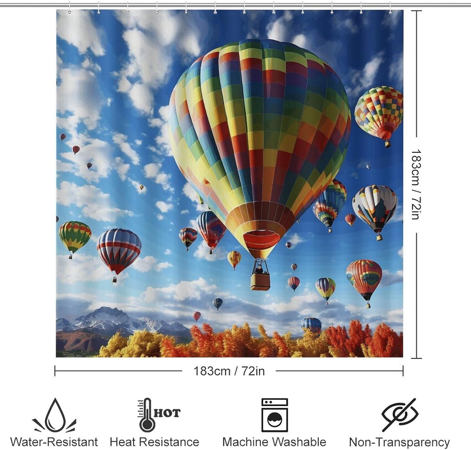 Colorful Hot Air Balloon Shower Curtain Set 4 Piece, Non-Slip Bath Mat with Toilet Lid Cover and Waterproof Shower Curtain with 12 Hooks, Complete Bathroom Set for Home Decor