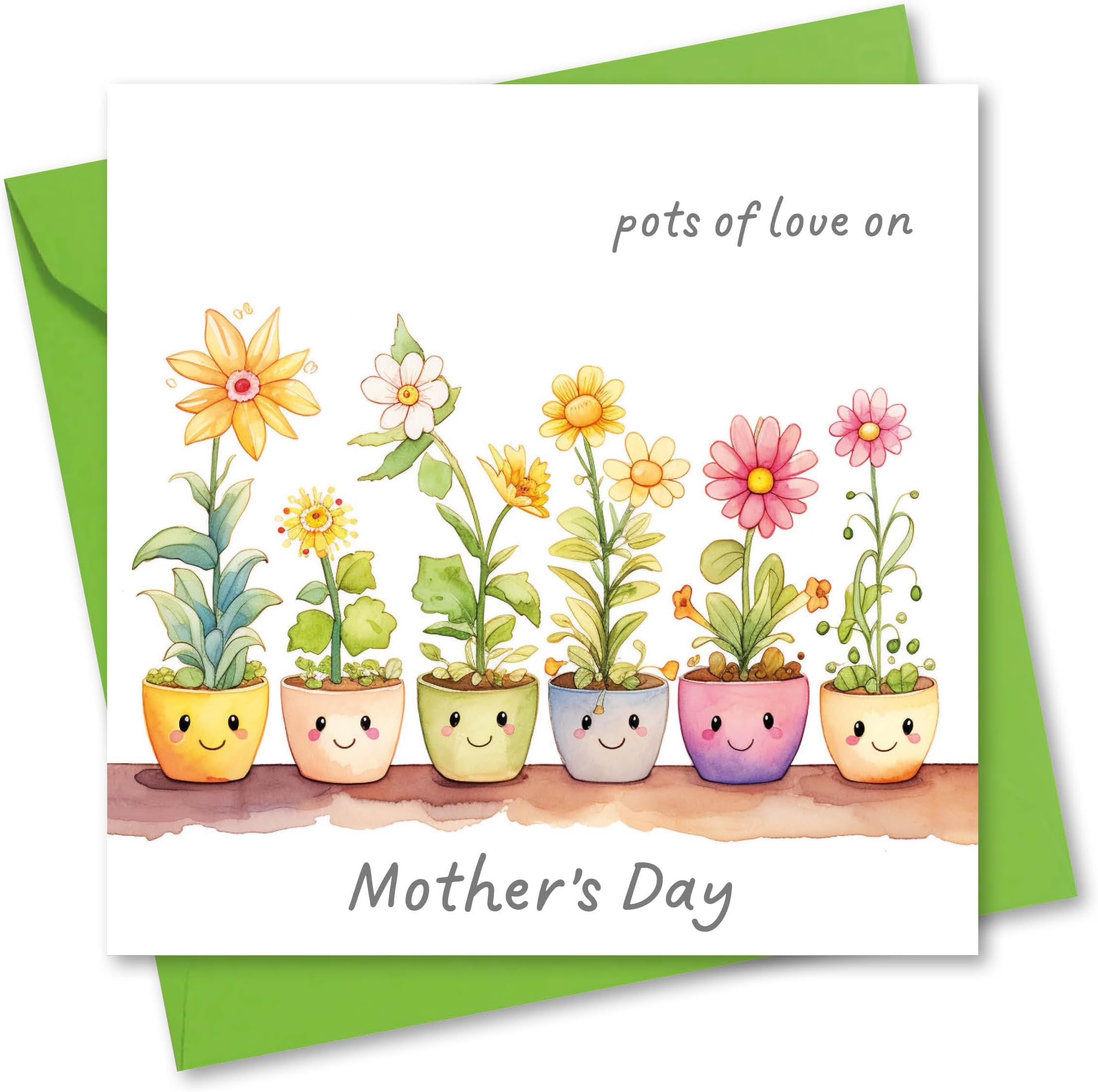 Mother's Day Card. Card for Mum. Potted Flowers Design. Mothers Day Card with Matching Envelope. Size 150x150mm When Folded. Original British Design NOT A Chinese Copy