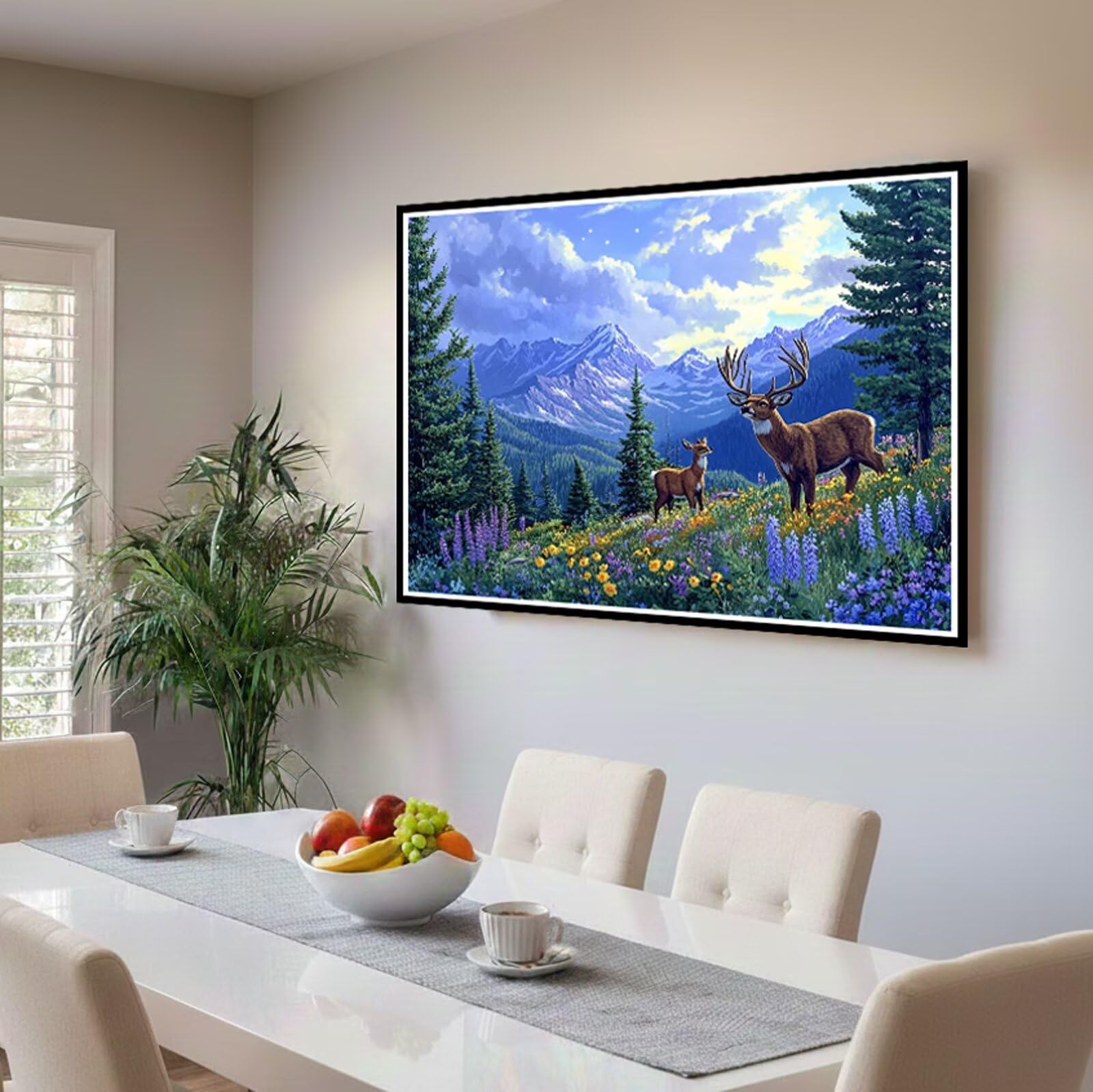 Landschaft Malen Nach Zahlen Erwachsene, Malen Nach Zahlen Set mit Pinseln und Acrylfarbe, Einfaches DIY Ölgemälde Paint by Numbers Adult Anfänger für Wanddekoration Geschenk, Hirsch 60x90 cm Y3-150