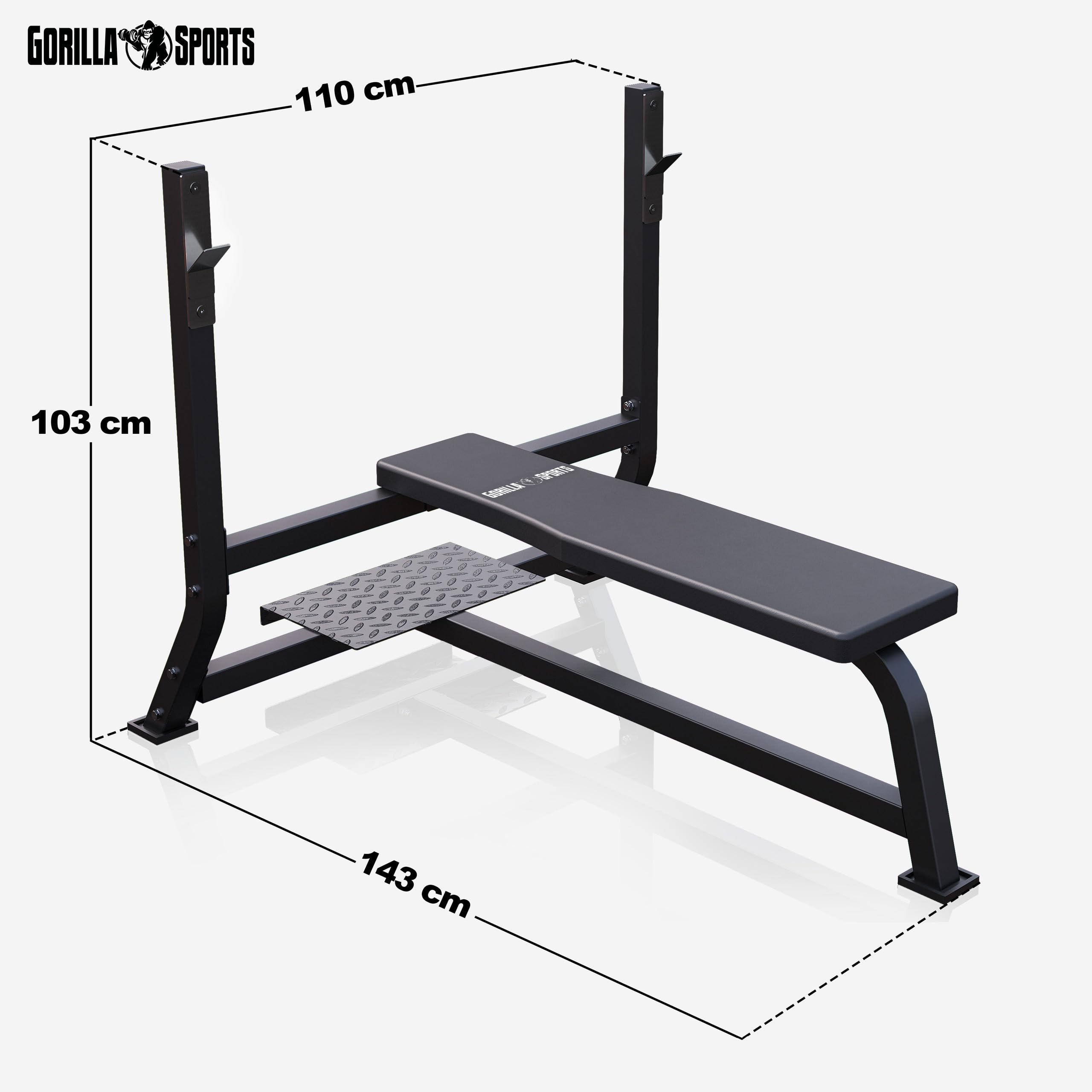GORILLA SPORTS® Banc de Musculation - avec Support Barres, Charge Max. 250 kg (Banc) / 100 kg (Repose Barre), Noir/Blanc - Développé Couché, Support Haltères, Plat, Entraînement, Gym, Sport