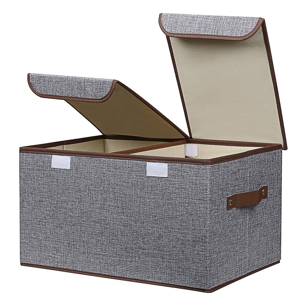 UUJOLY Large Storage Bins Linen Fabric Foldable Basket Cubes Organizer Storage Box Drawer with Lid and Handles for Home, Office, Closet, Bedroom, Nursery (Gray)