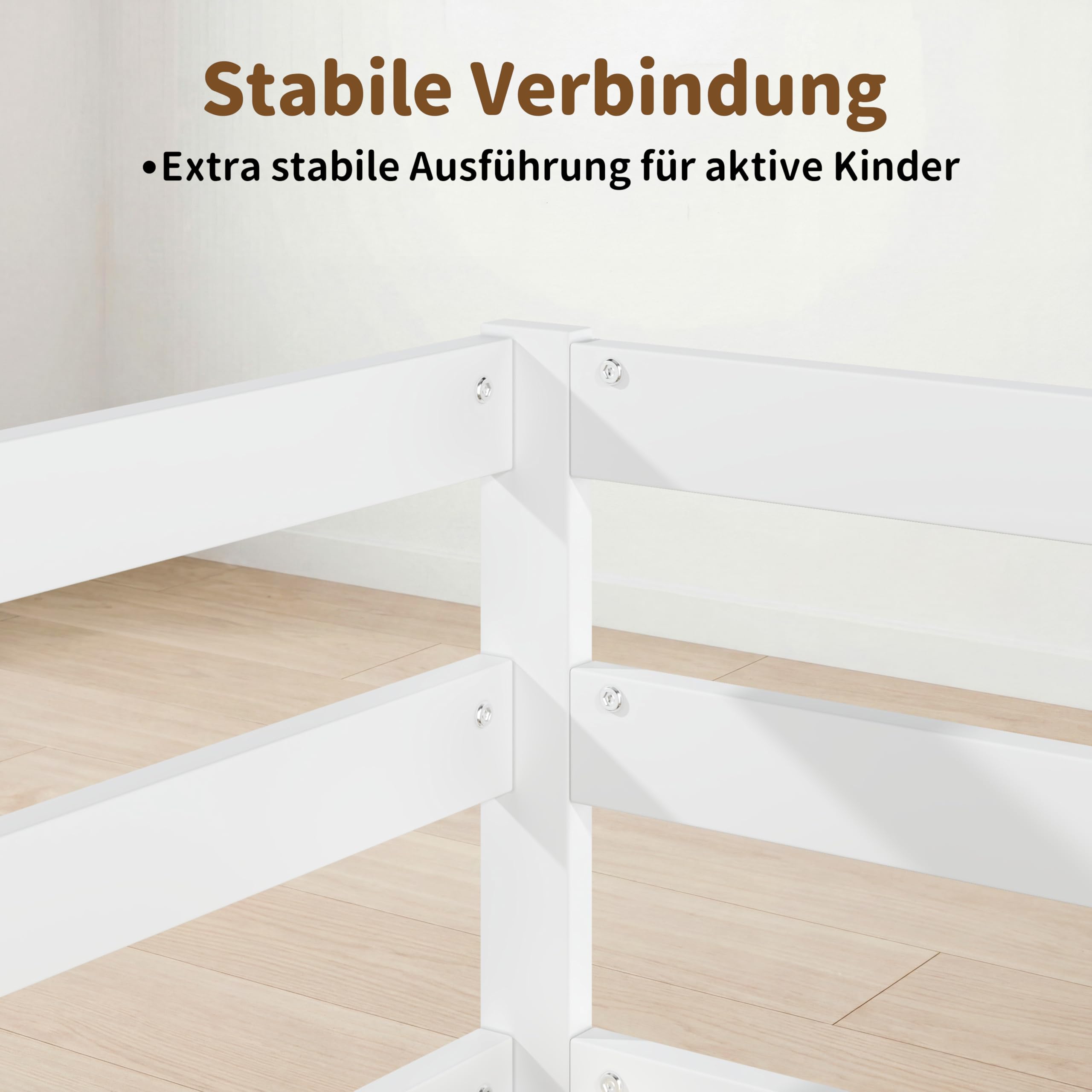 Bodenbett 90x200 cm Kinderbett aus Massivholz mit Rausfallschutz & Lattenrost, Montessori Bett aus Kiefer, Bodenbett Kinder mit offenem Einstieg, Einzelbett in Weiß