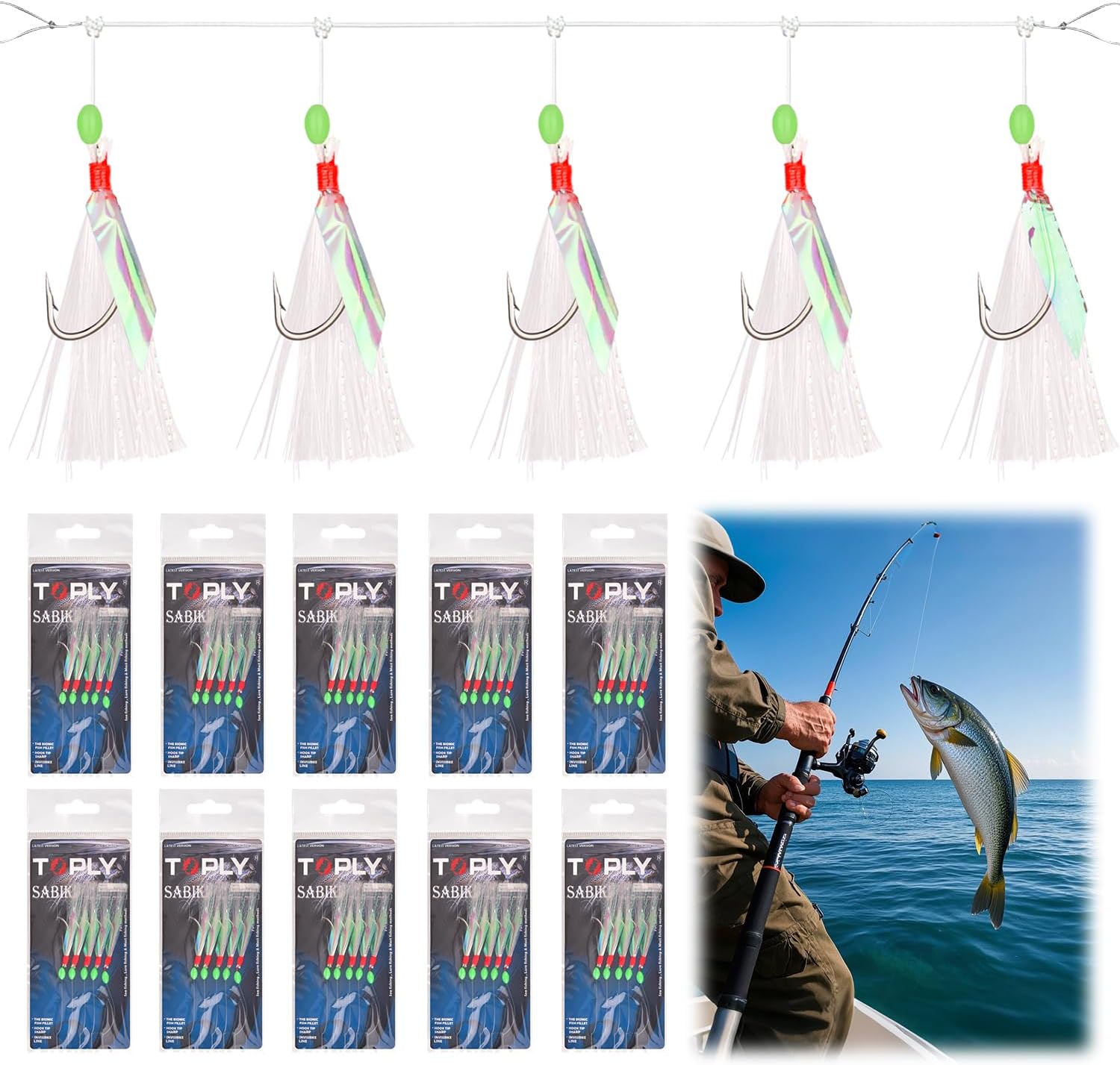 10 Packs Surf Fishing Rigs Fishing Bait Rigs with Fish Skin Feather Fishing Hook Roadrunner False Lures Shrimp Skin Hook