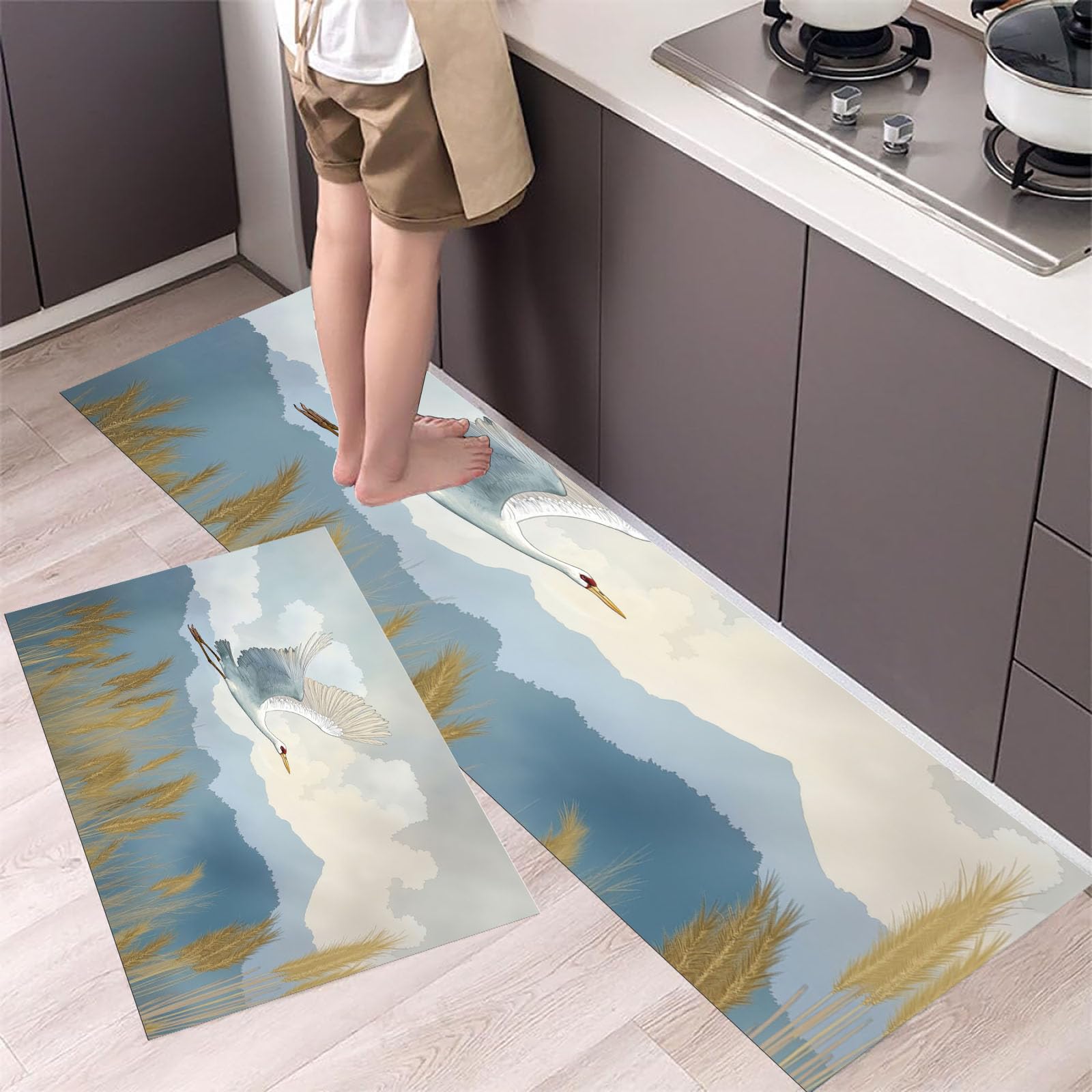 Tapis de cuisine grue à couronne rouge lot de 2 format 40x60 40x120cm