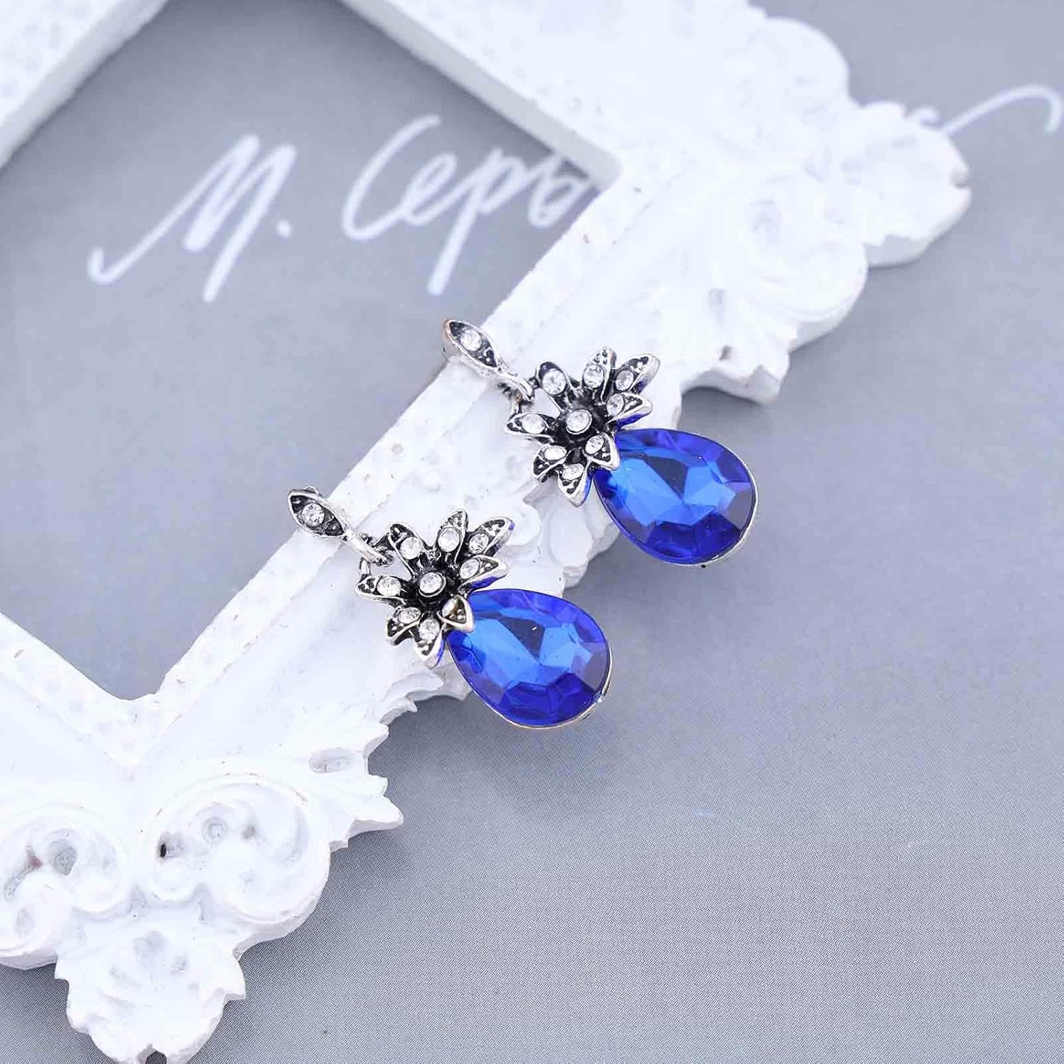 Bohemian Teardrop Crystal Sapphire Dangle Earrings Silver Cz Flower Drop Earrings Oval Blue Sapphire Earrings Water Drop Rhinestone Stud Earrings Jewelry for Women Gifts - Image 4