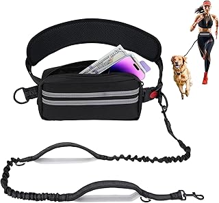 Laisse Canicross Chien, Jogging Mains Libres pour Chiens avec Ceinture et Sac Banane détachable, Anti Traction Harnais avec Couture Réfléchissante, Élastique 1,45-2m pour Course à Pied, Marche
