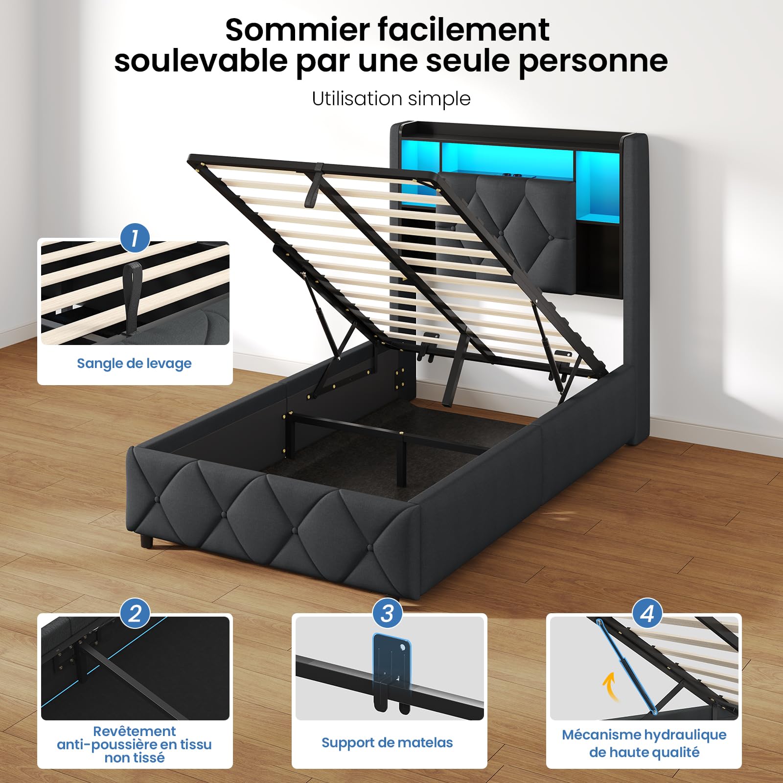 Brinlawb Lit Coffre 90x190 cm avec Éclairage LED et Multiprise, Tête de Lit Capitonnée avec Rangement Caché et Étagères Ouvertes, Lit 90x190 avec Sommier, Système Hydraulique, Lit 1 Personne, Gris