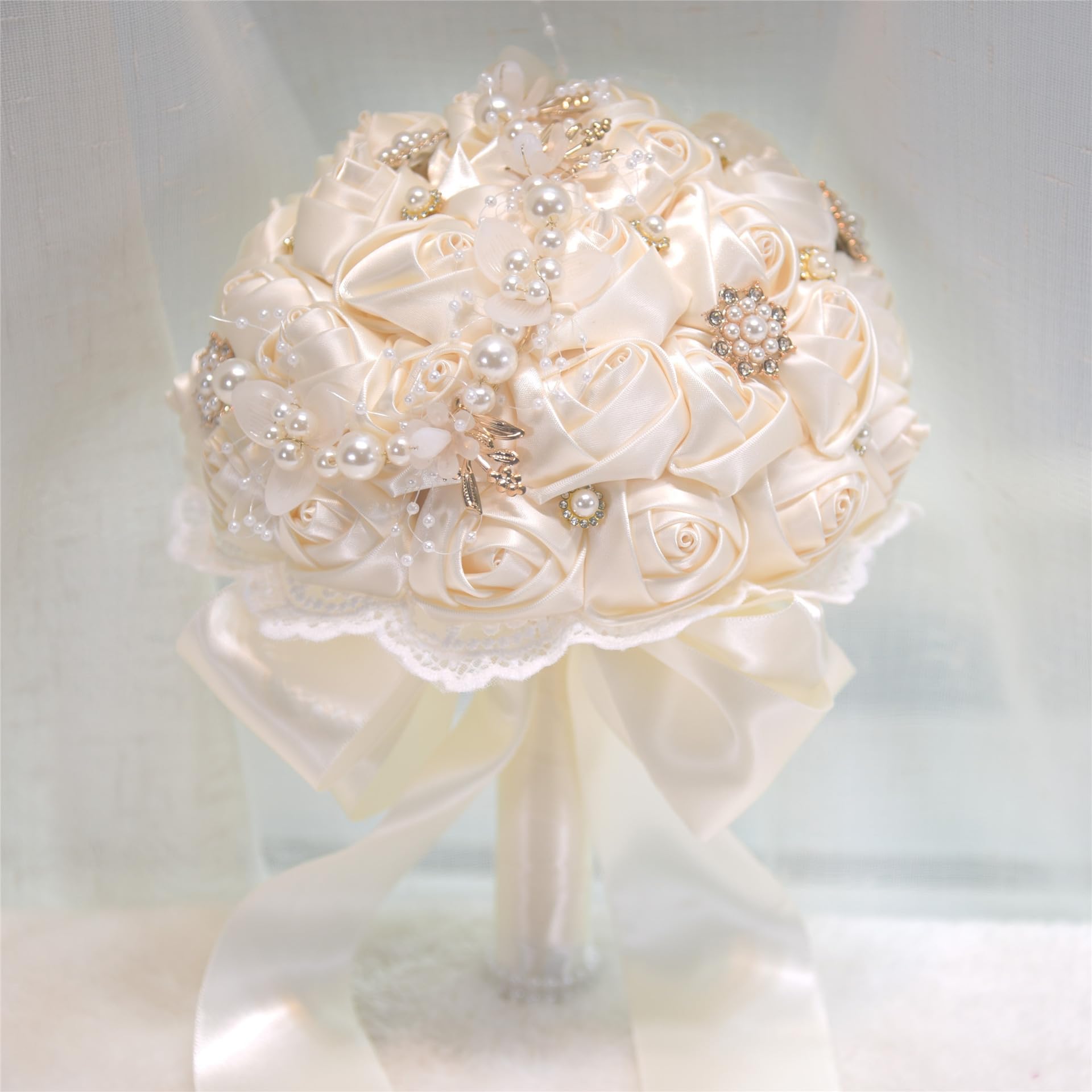 Linghe White 1 Bridal Wedding Bouquet Round, Artificial Roses Flowers For Bride With Bling Rhinestone Pearl, Bridesmaid Holding Flowers For Wedding Church Decoration (White 1)