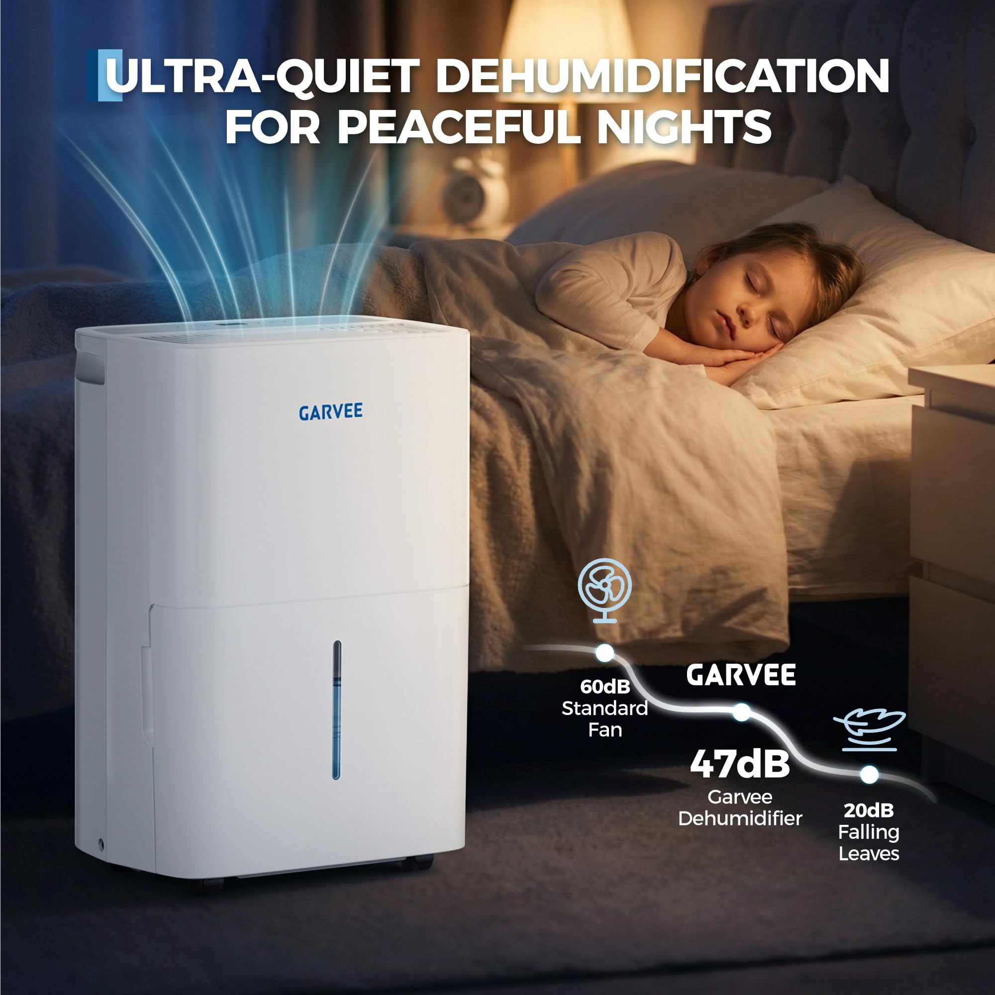 GarveLife Deshumidificador 20L/Día para Habitaciones hasta 280 m², Extractor de Humedad Eléctrico Silencioso, Drenaje Continuo, Pantalla Digital, Portátil para Hogar, Sótano, Baño, 32x22x50cm
