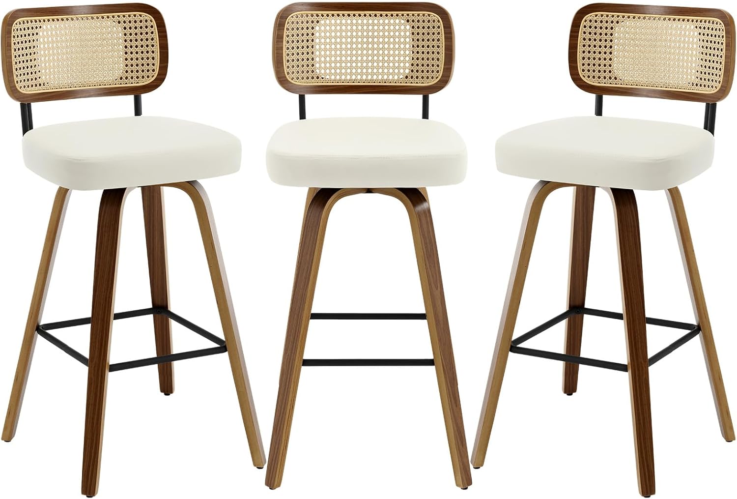 Swivel Bar Stools Set of 3, Upholstered Faux Leather Barstools with Rattan Back, 29" Seat Height Bar Chairs for Kitchen Island, Bentwood Wood Frame, Cream White