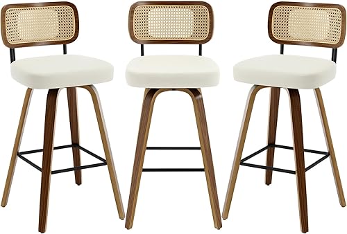 Miniatura 18 de Bekrvio Juego de 3 taburetes de bar giratorios de altura de mostrador, taburetes de bar tapizados de piel sintética con respaldo de ratán, sillas de
