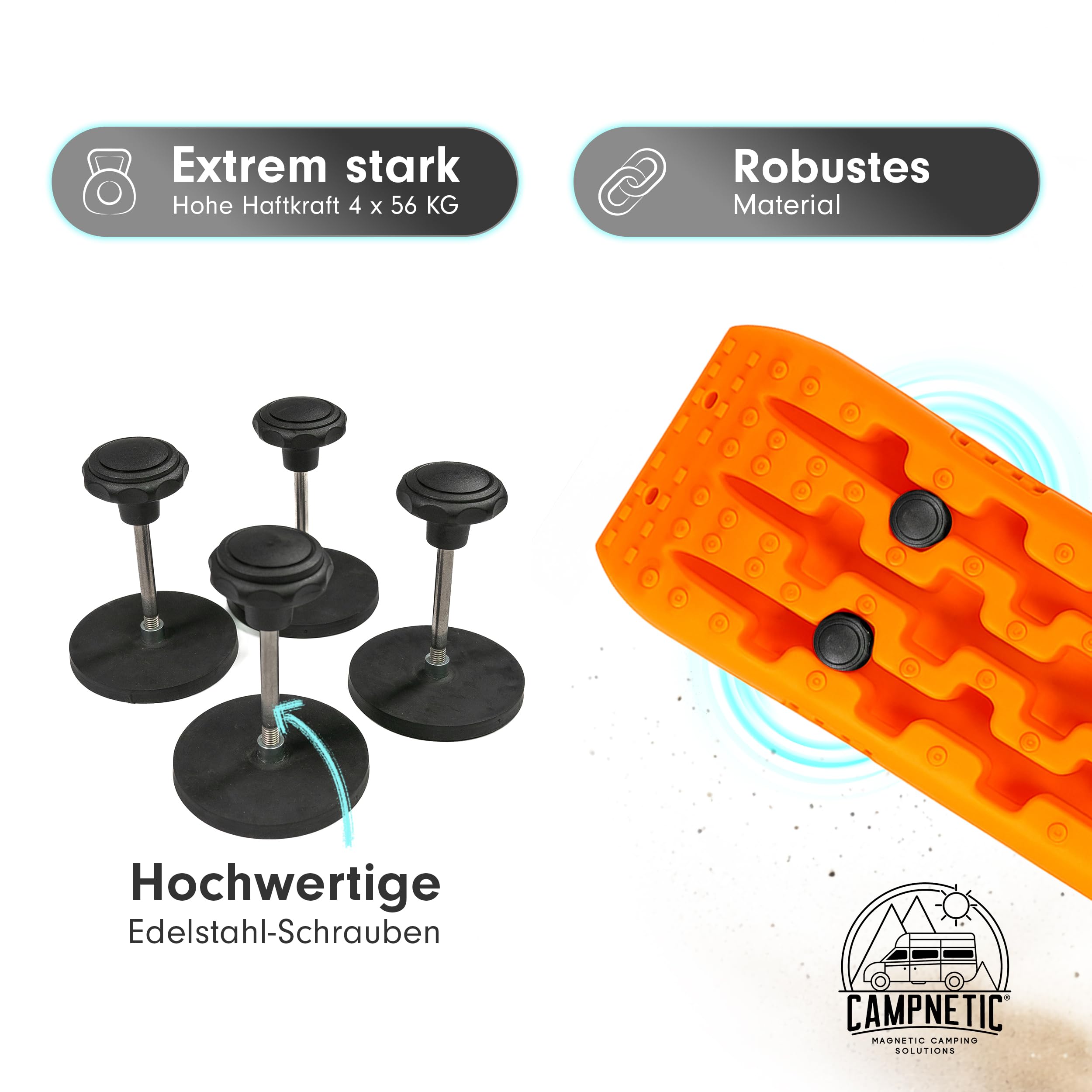 Campnetic Sandboards mit magnetischer Halterung - Orange | Sandbleche ohne bohren, starke Magnethalterung, Einfaches Anbringen, 4x 56kg Haftkraft, Offroad Zubehör, Anfahrhilfe Schnee