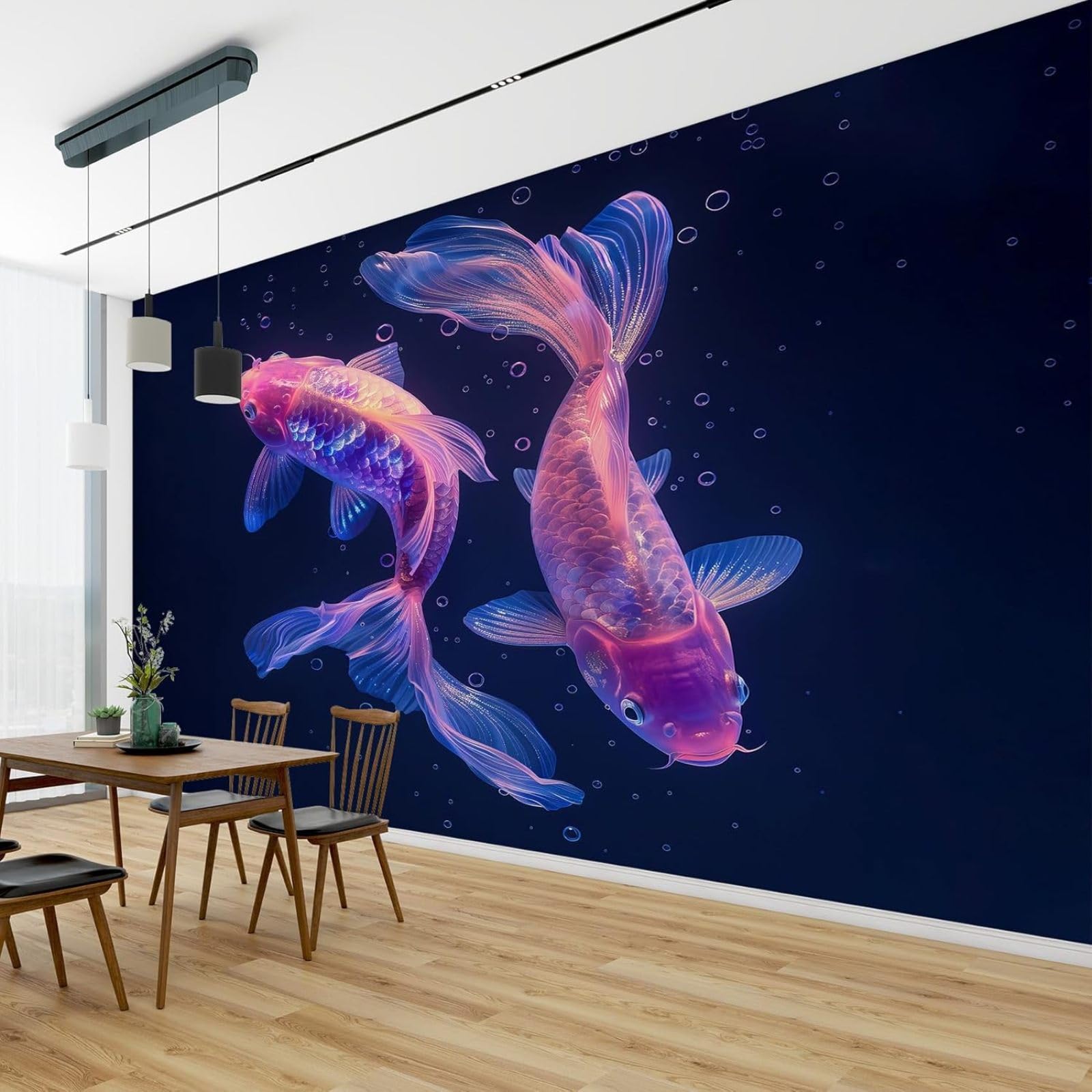 Fototapeta "Ryby" do sypialni, zwierzęta morskie 3D, włóknina, granatowy, do salonu, dekoracja ścienna z motywami morskimi w kolorze granatowym do pokoju dziecięcego, 300 x 210 cm, naklejka ścienna