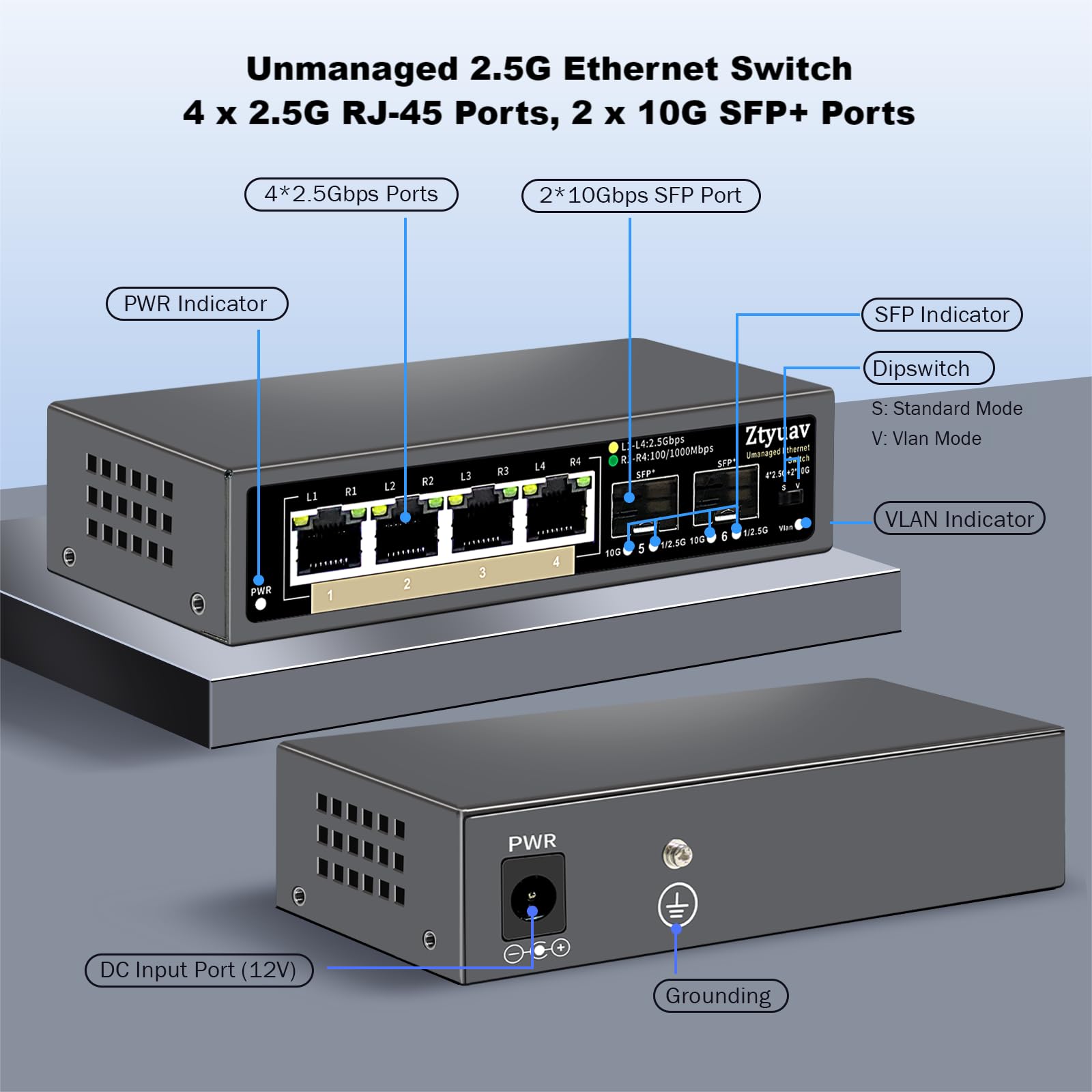 Commutateur Ethernet 2,5 G Non géré à 6 Ports avec 4 Ports RJ-45 Base-T 2,5 G, 2 Ports SFP + 10 G, Vitesse de négociation Automatique 100/1000/2500 Mbps, VLAN à Une Touche, Plug & Play, sans(6)