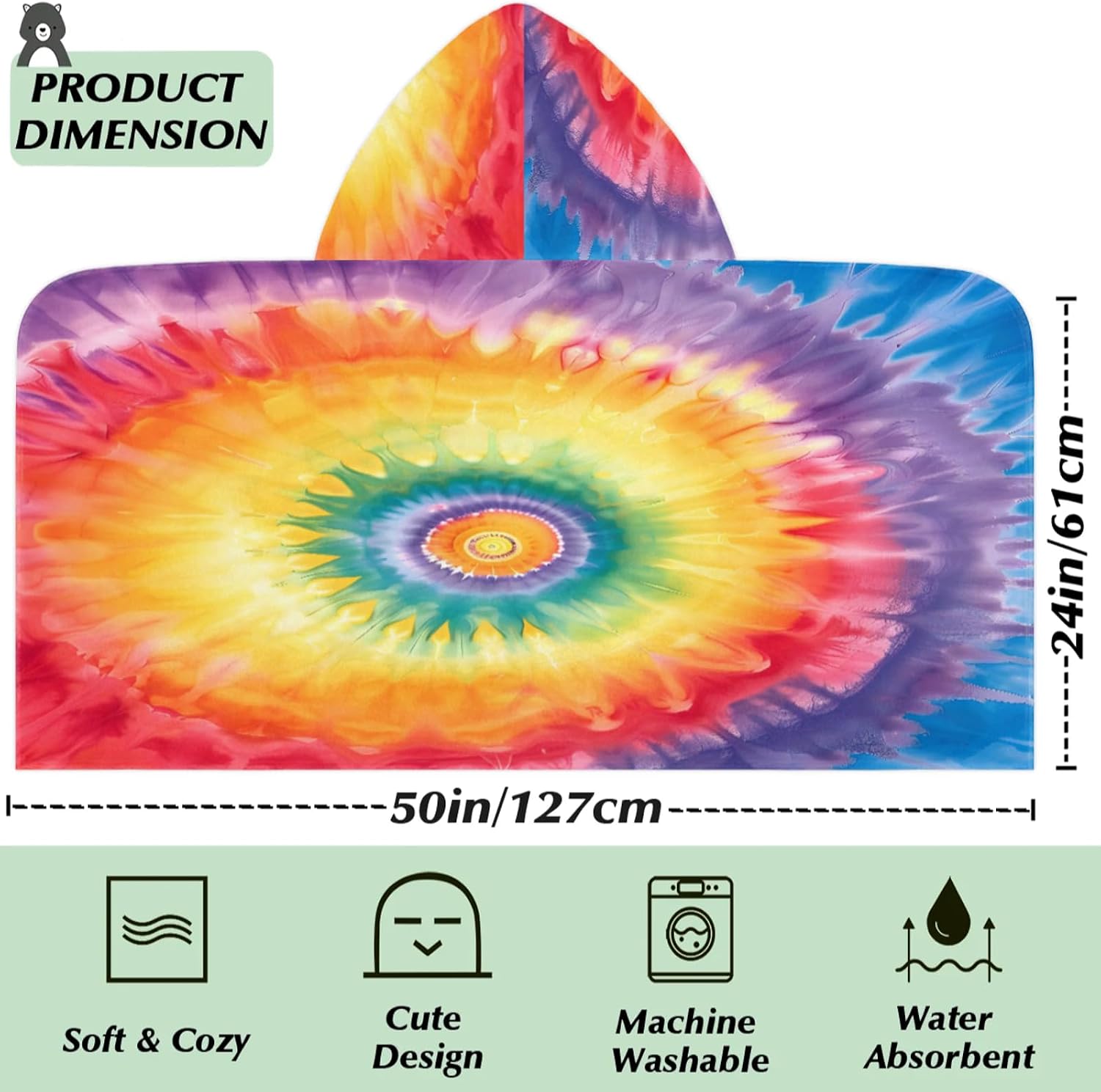 Tie Dye Hooded Towels for Kids Colorful Boho Rainbow Absorbent Soft Pool Swim Beach Bath Towel for Boys Girls, 24 in x 50 in
