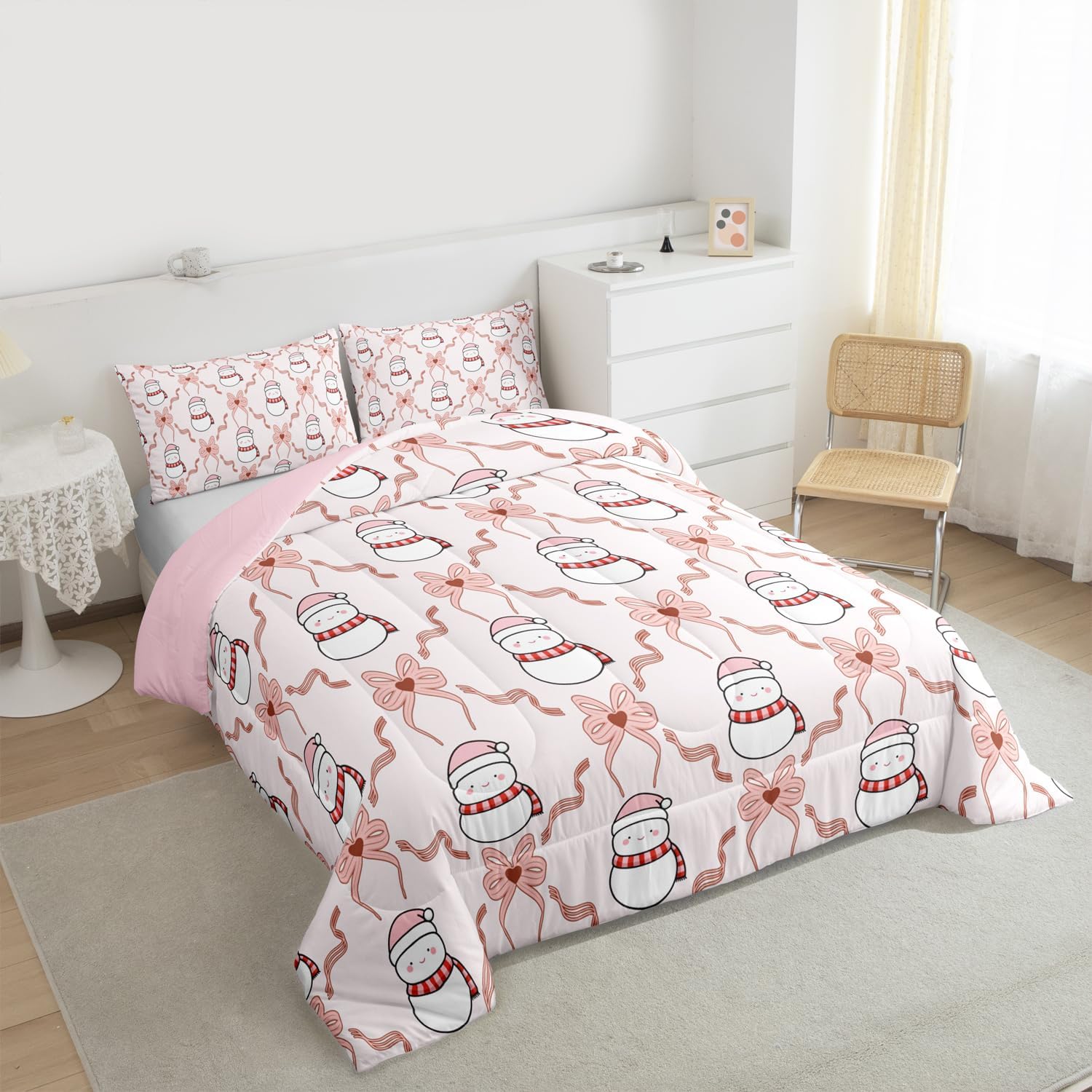 Feelyou Bow Bedding Set Soft for Boys Girls, Christmas Snowman Xmas Comforter Set Twin Size Cute Bowknot Duvet Quilt Microfiber Bedroom Decor 2 Pcs with 1 Pillow Cases