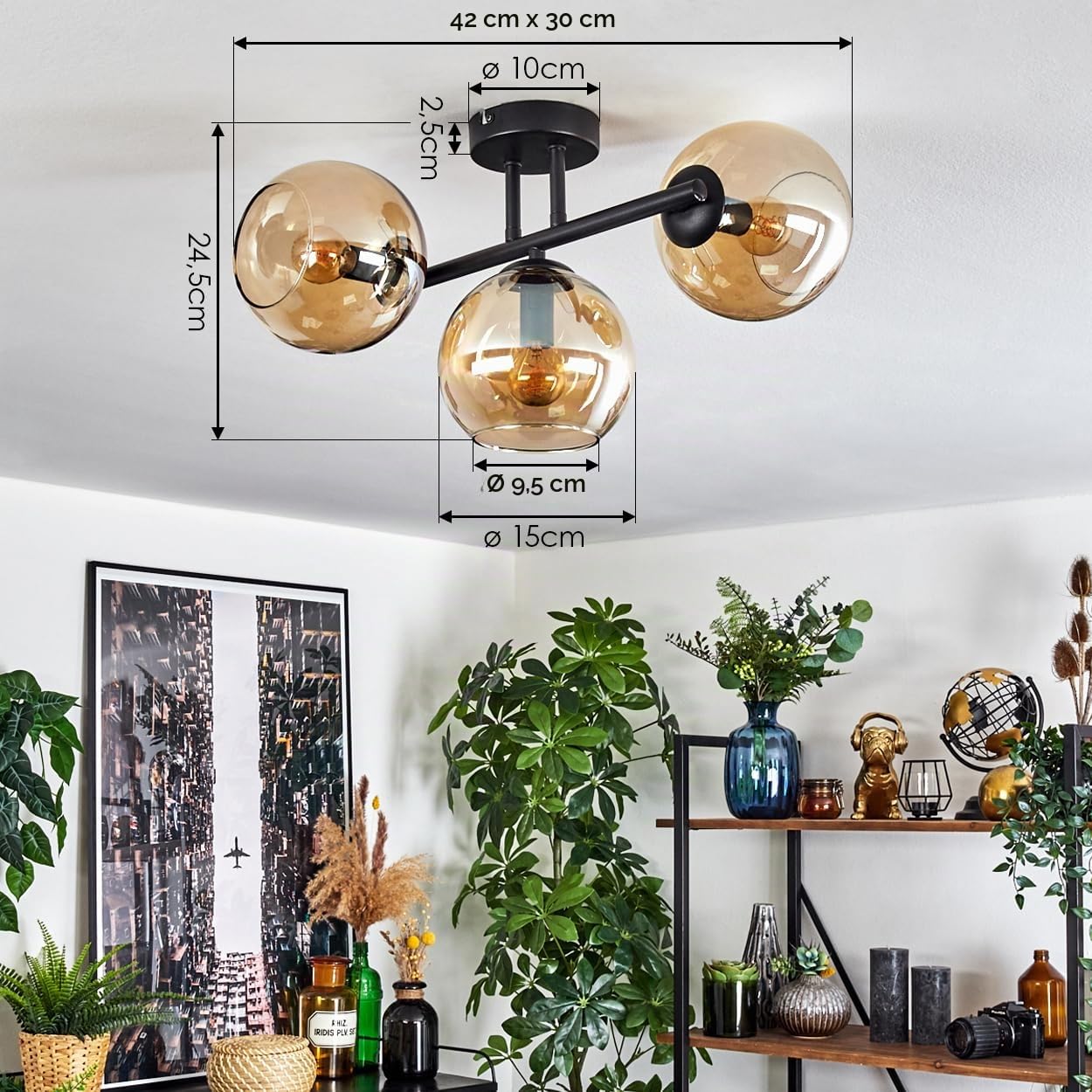 HOFSTEIN Deckenleuchte Koyoto, 3-flammige Deckenlampe aus Metall/Glas in Schwarz/Bernsteinfarben, Leuchte im Retro/Vintage-Design (Schirme Ø 15 cm), E14, Esszimmer, Wohnzimmer, Küche, Flur