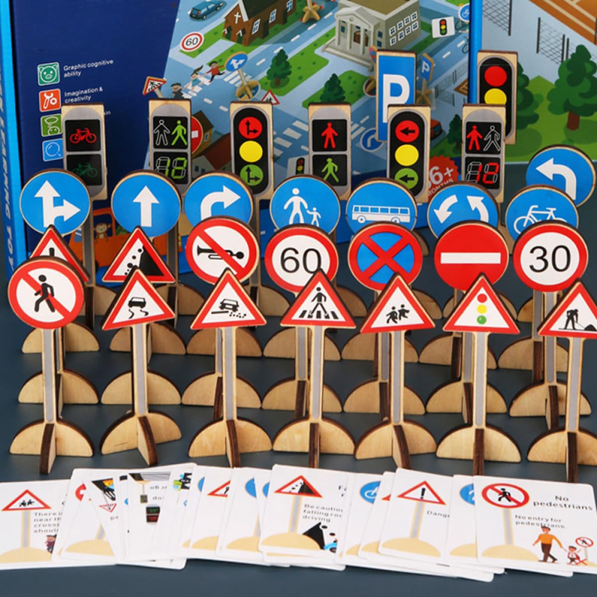 GARVALON Giocattolo Stradali in Legno per Bambini, Set 30, Gioco di Simulazione Sicuro per Veicolare e Apprendimento Precoce