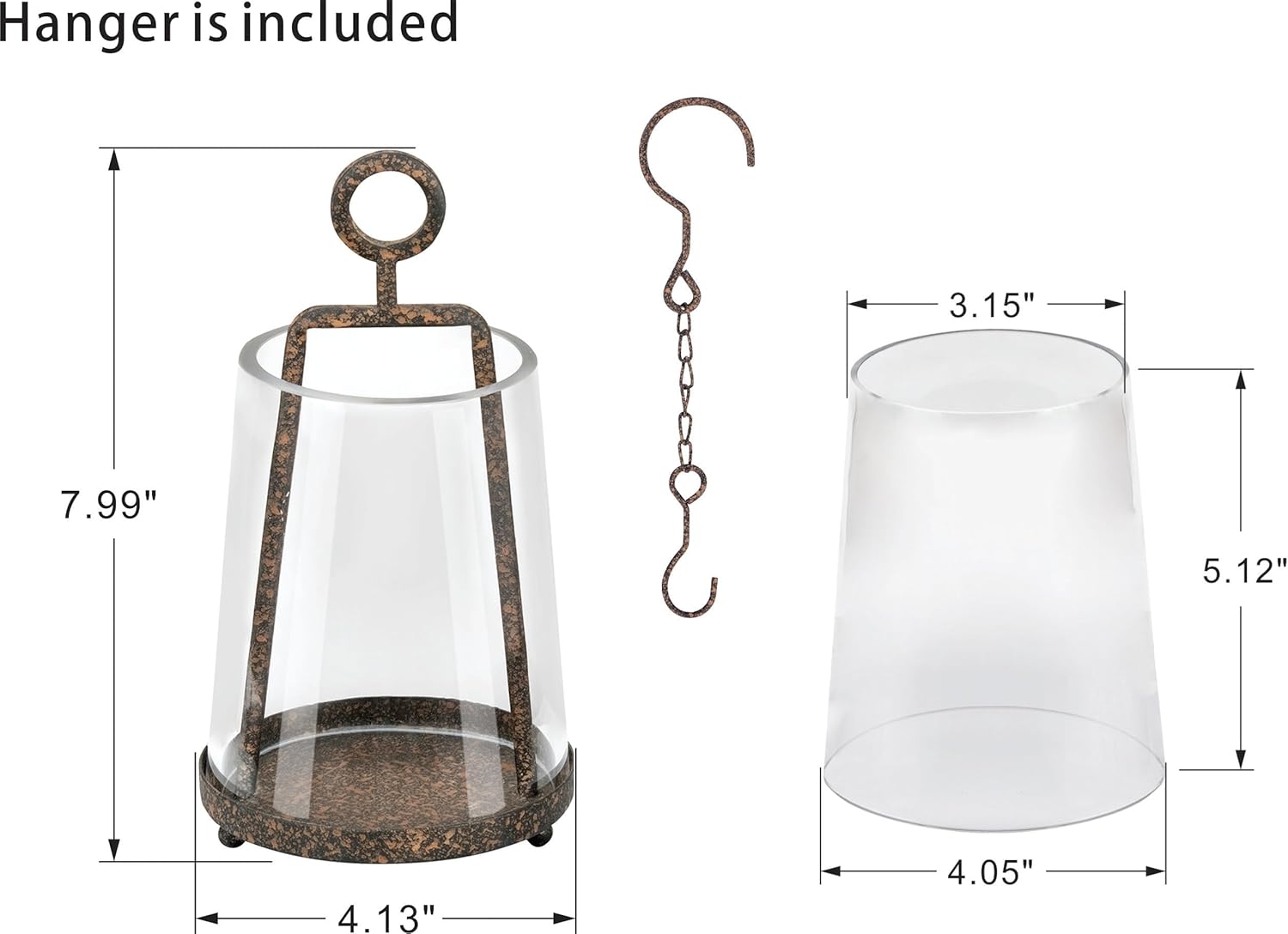 4" Wide Modern Farmhouse Metal Hurricane Candle Holder with Handmade Sturdy Glass Sleeve in Rustic Brown for 2" Pillar Candle & Plants, Glass Hurricane Lantern, Industrial, Minimalistic