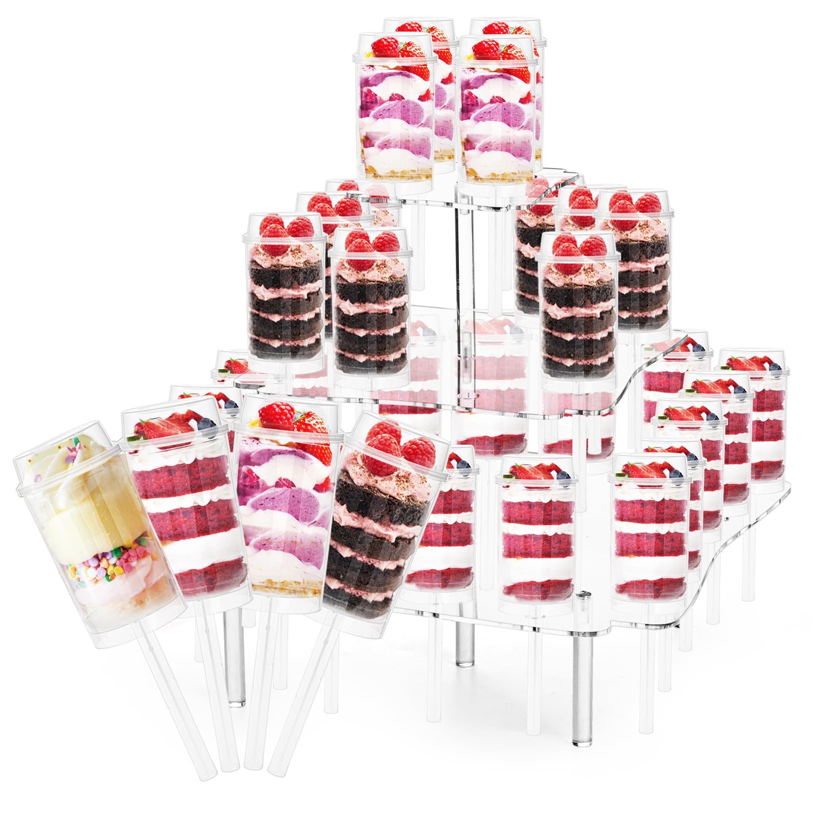TOPZEA32 Pack Push Cake Pop Containers & 32 Holes Acrylic Clear Cake Stand, Plastic Reusable Round Shaped Push Up Cakes Pop Shooters Cup with Lids & Treat Stand for Wedding Birthday Christmas Party