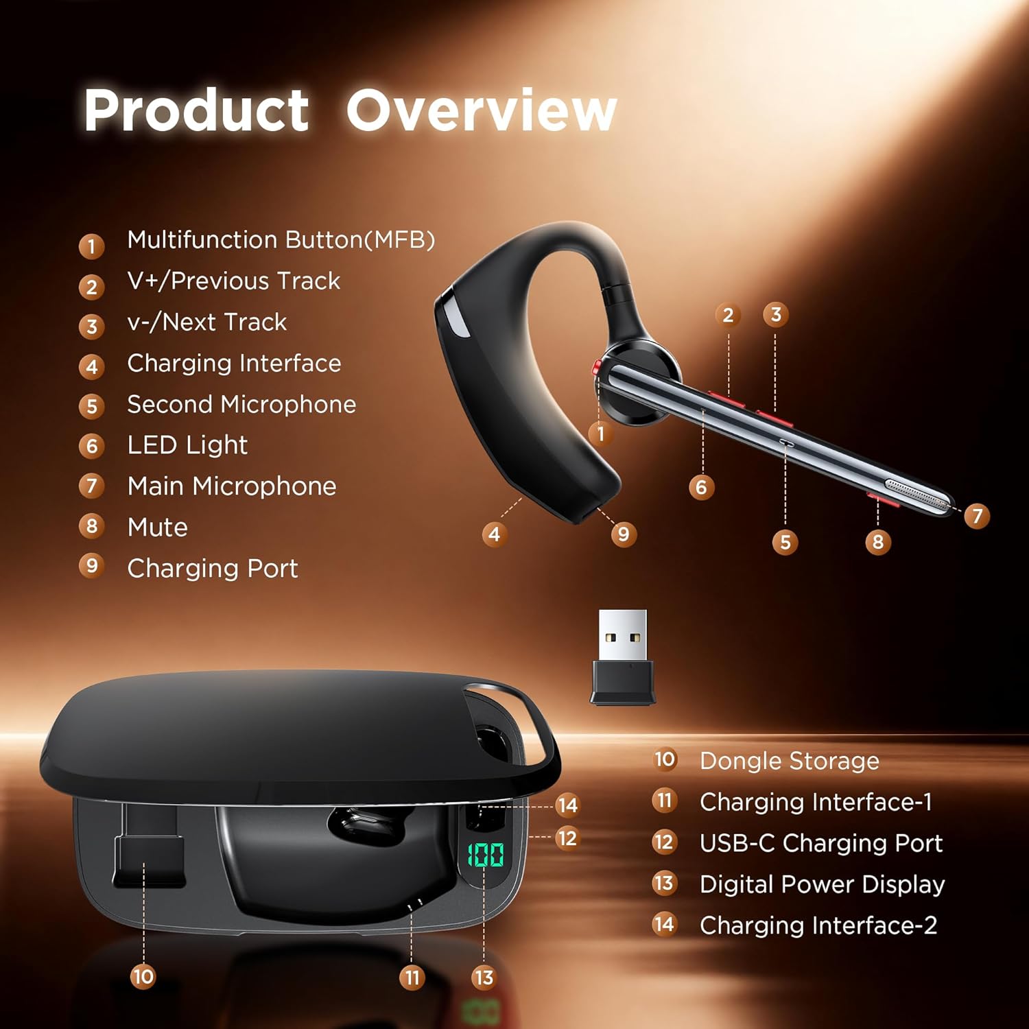 COMEXION Bluetooth Headset V5.3, Wireless Headset with Dual Noise-Canceling Mics, Portable Charging Case, 300H Standby Time, Hands Free Headphones for Computer/Cell Phones, Trucker/Home/Office/Work - Image 4