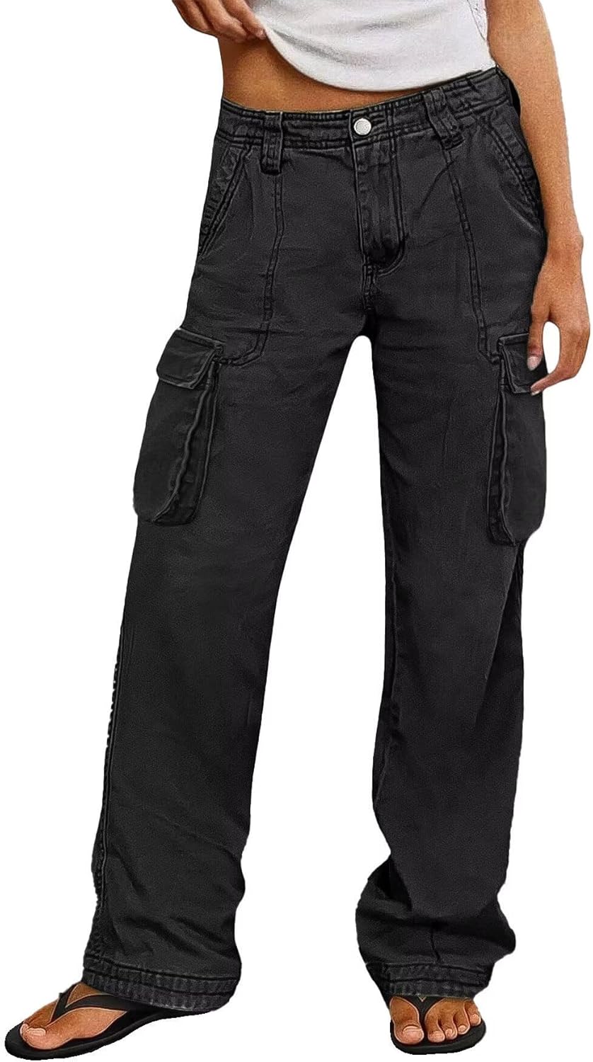 Flamingals Wide Straight Leg Cargo Pants for Women Mid Waist High Stretchy Vintage Solid Multi Flap Pocket Long Work Pants
