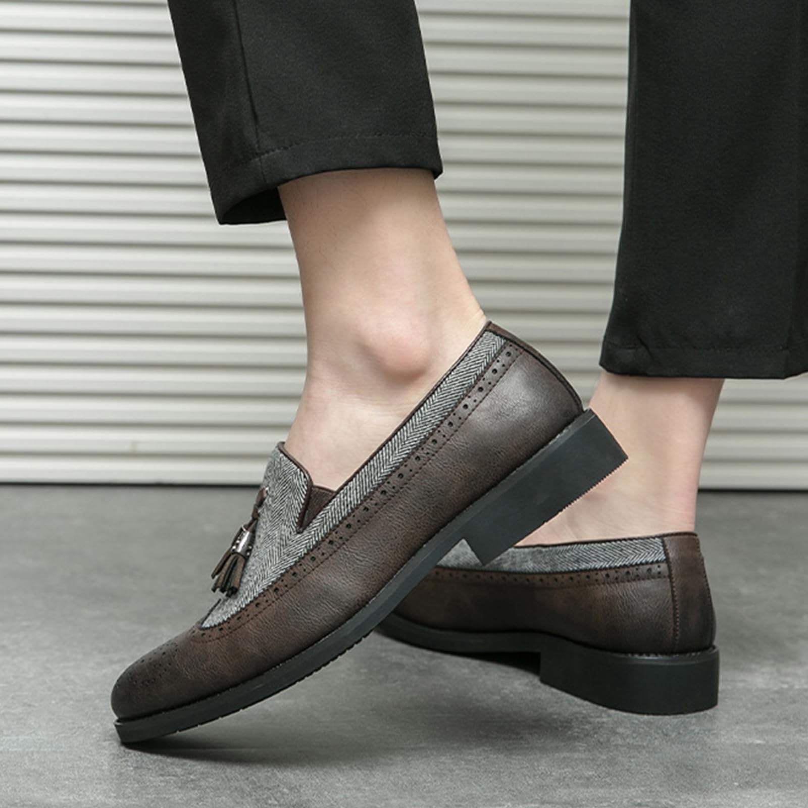 Mocassini da Uomo con Nappine, Patchwork, Bicolore, Scarpe Casual Senza Lacci, Brogues da Cerimonia