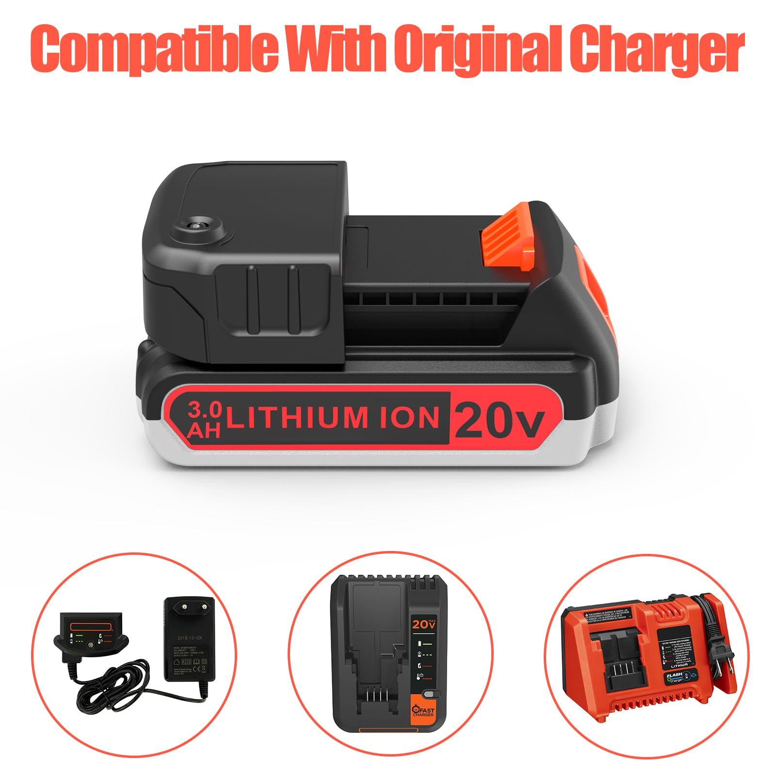 Confezione da 2 batterie e caricabatterie da 3000 mAh 20 V MAX, ricambio per batteria al litio Black and Decker da 20 V, compatibile con tutti gli utensili elettrici e caricabatterie