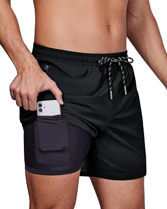 Gleeease 5Inch Mens Swim Trunks 2 in 1 Compression Liner Quick Dry Stretchy Soft Lined for Summer Vacation Beach Pool Sport
