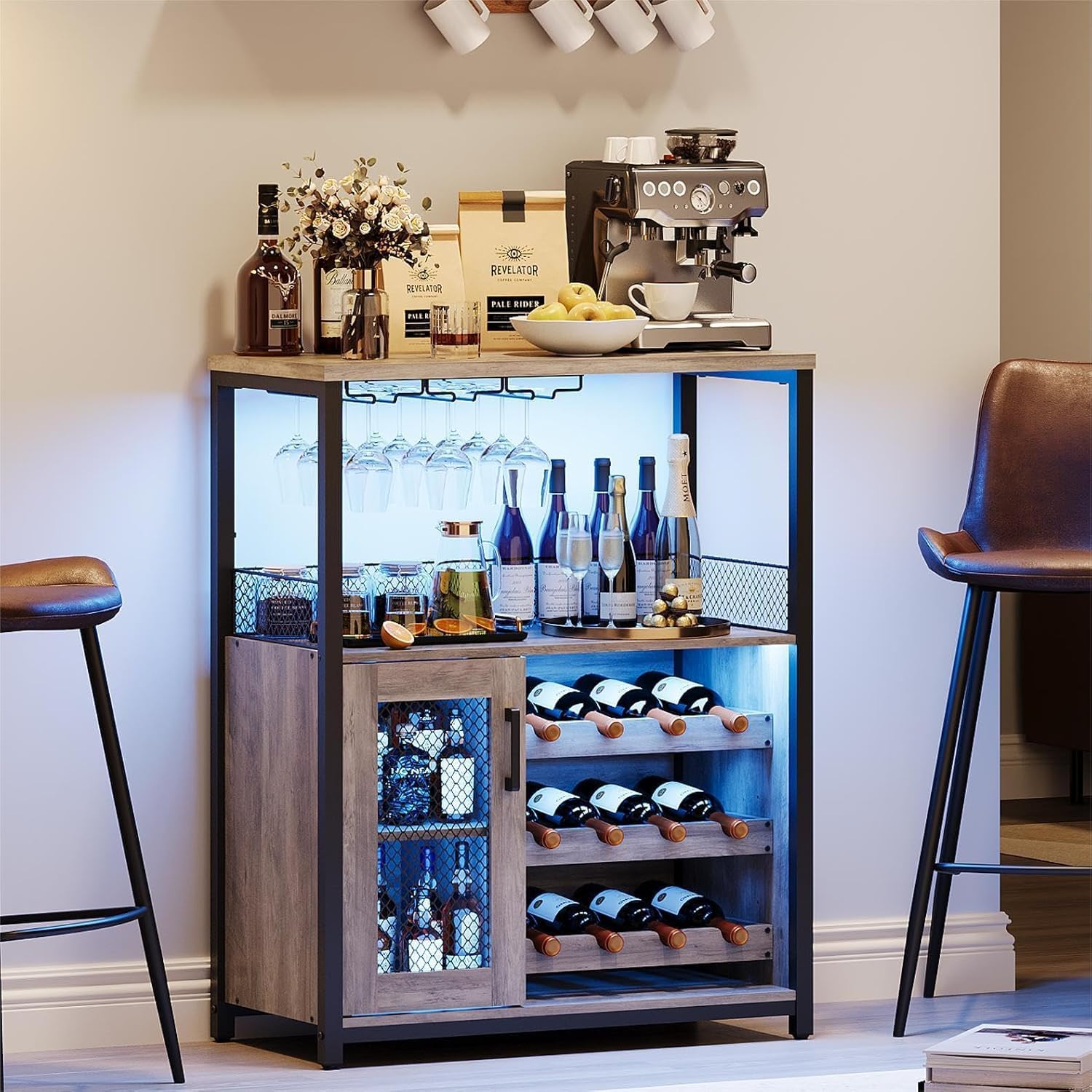 Bar Cabinet, Industrial Wine Cabinet with LED Light & Removabl Glass Rack, Liquor Storage Cabinet with Adjustable Wine Rack, Home Bar with Mesh Doors and Baffle, Grey with Light