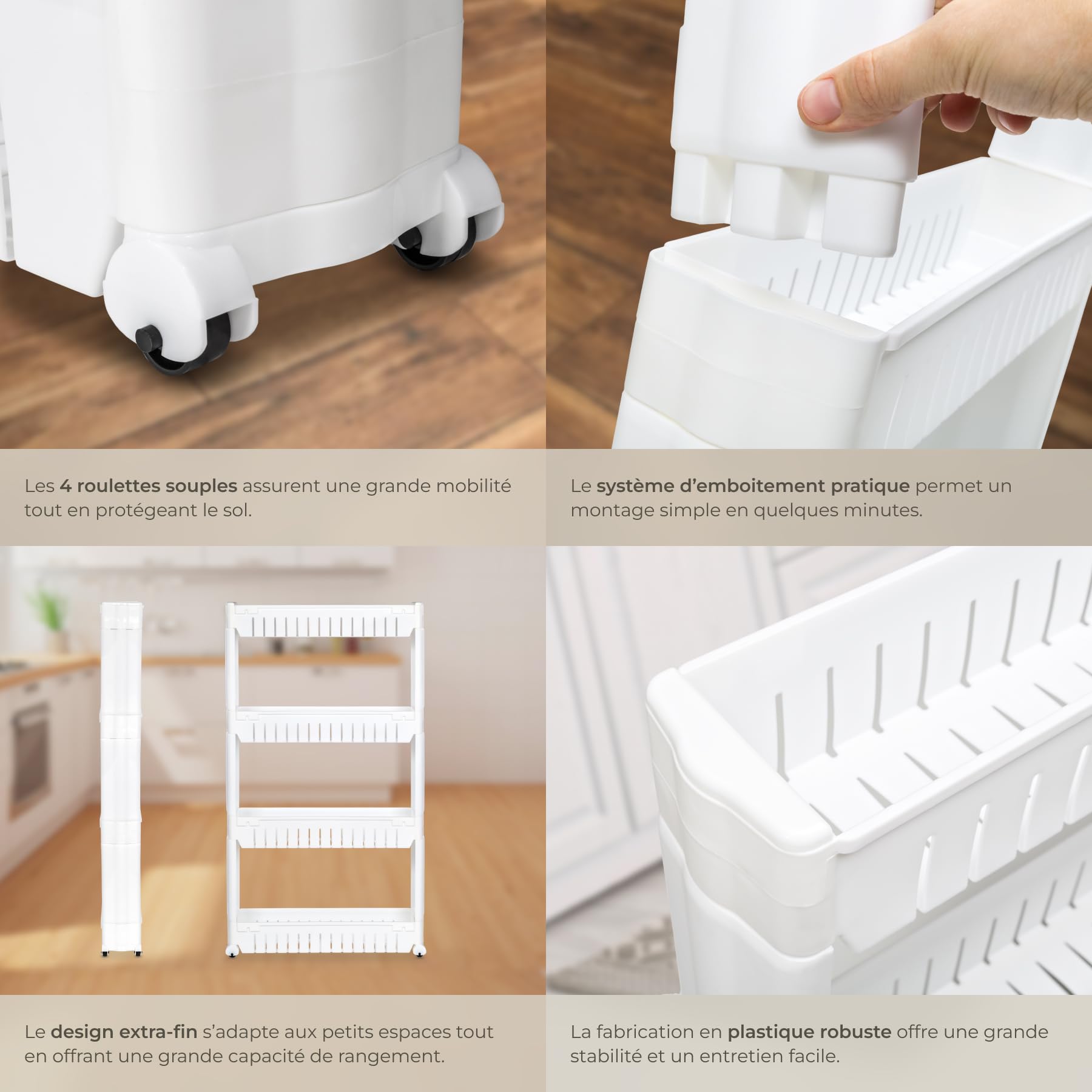 tectake® Chariot de Rangement 4 Niveaux, 54 x 12 x 101 cm, Desserte à roulettes, Chariot Cuisine, Etagere Roulette, Desserte à roulettes Cuisine, Servante Salle de Bain, Étagère Salle de Bain, Blanc