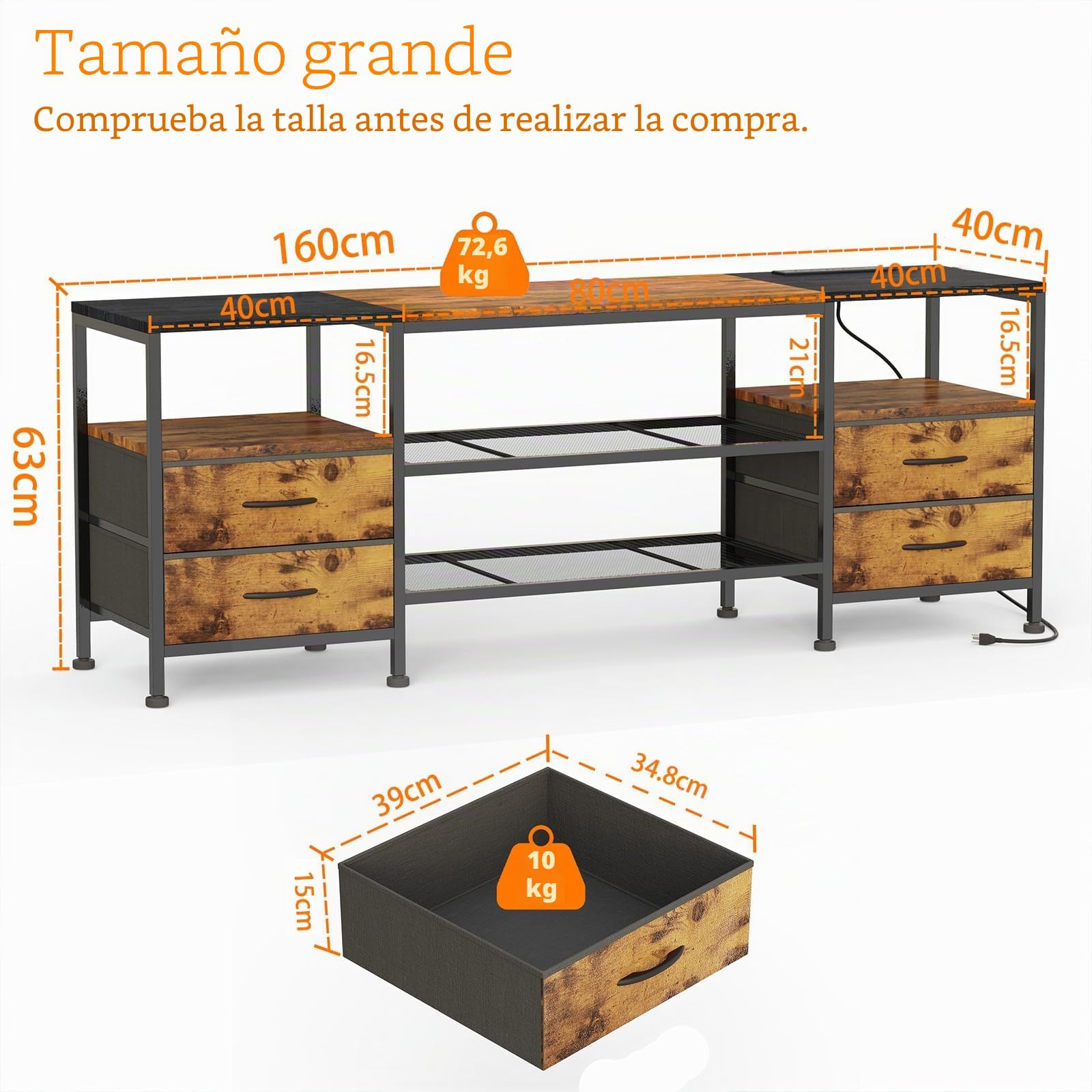 Mueble TV Salon 160 cm, Mueble TV Alto con iluminación LED, Estación de Carga, Puerto USB y Enchufe, Muebles de Salon TV con 4 Cajones 4 Estantes Abiertos, para Salón/Comedor