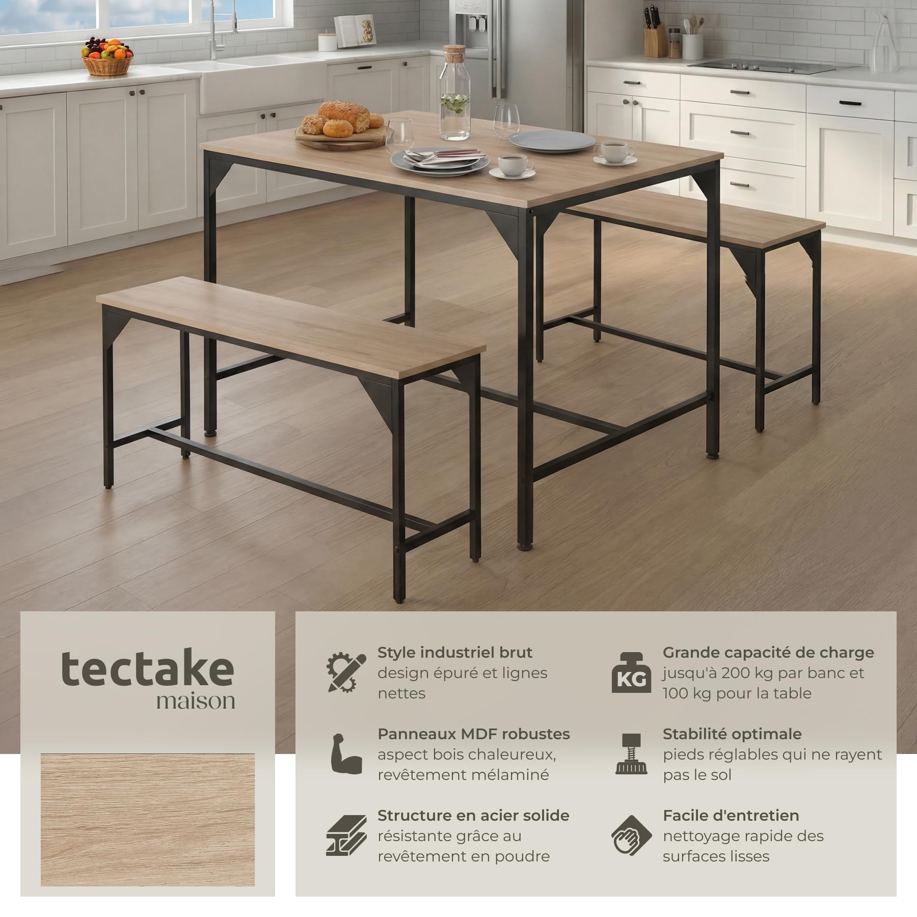 tectake® Ensemble Table et Banc Salle à Manger en Bois et Acier Table de Salle à Manger 2 Bancs Style Industriel Scandinave - Chêne Sonoma/Marron Clair Industriel