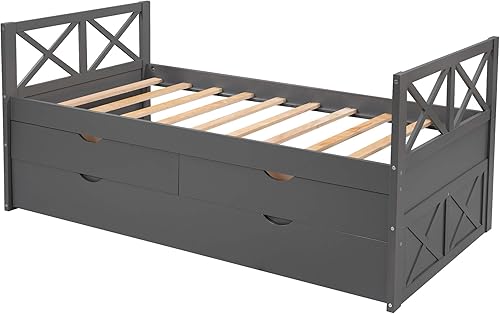 Miniatura 7 de LZ LEISURE ZONE Sofá cama de tamaño individual, sofá cama individual de madera con nido y cajones, marco de cama de capitán, color gris