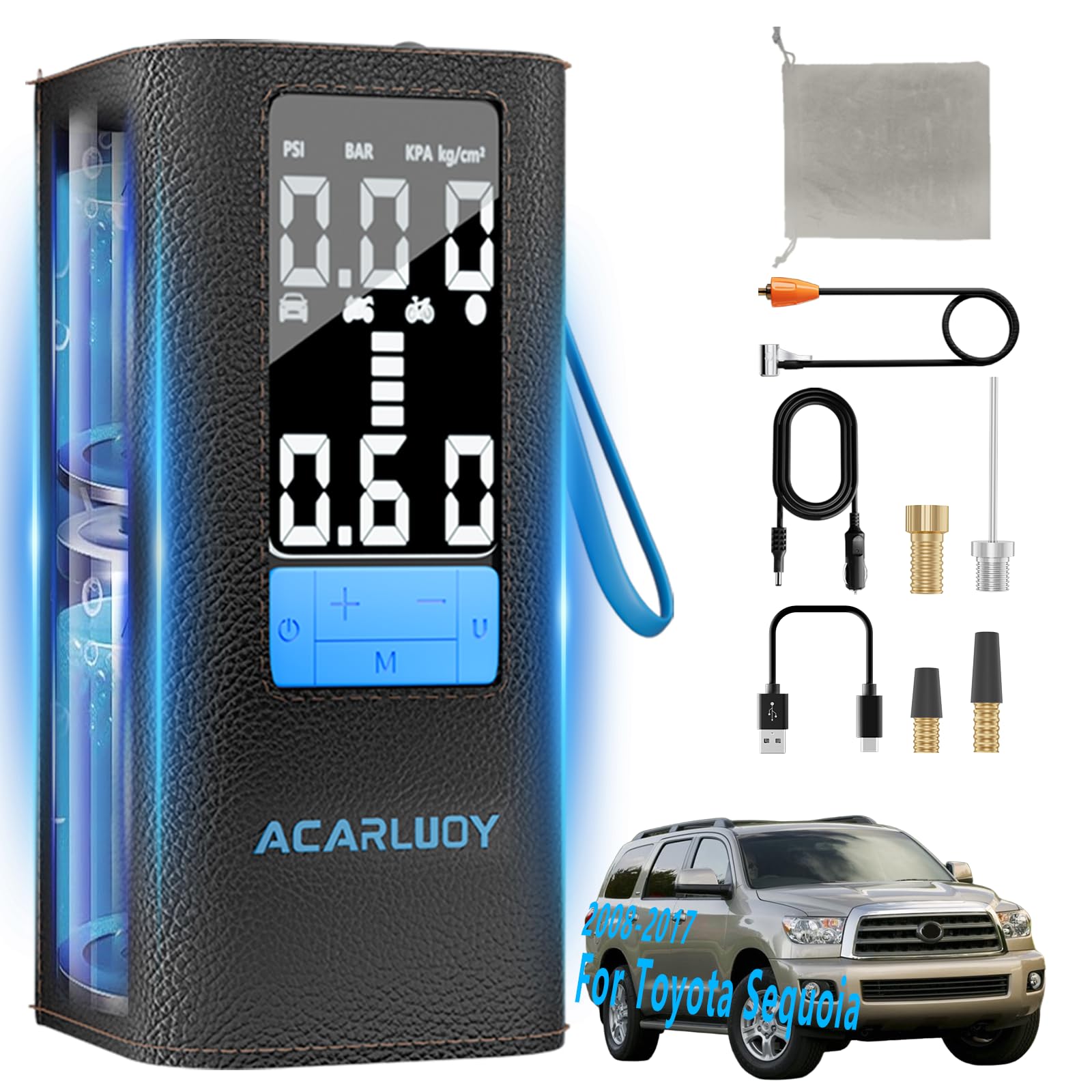 Portable Air Compressor for Car Tires - 3X Faster Inflation Fit for Toyota Sequoia 2008-2017 6000mAh Battery LCD