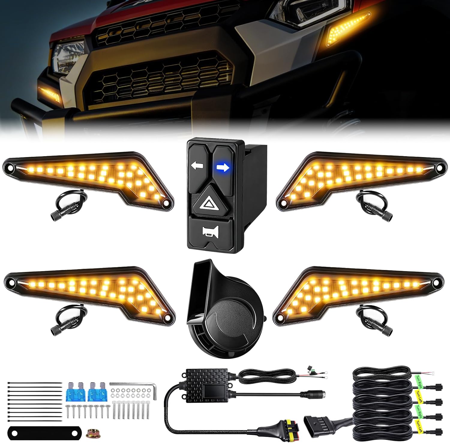UTV Turn Signal Kit with 110D Horn, Pre-Wired, Plug & Play UTV Universal Street Legal Blinker kit with Integrated Rocker Switch, Compatible with Polaris, Can-Am, CFMOTO for Side By Side