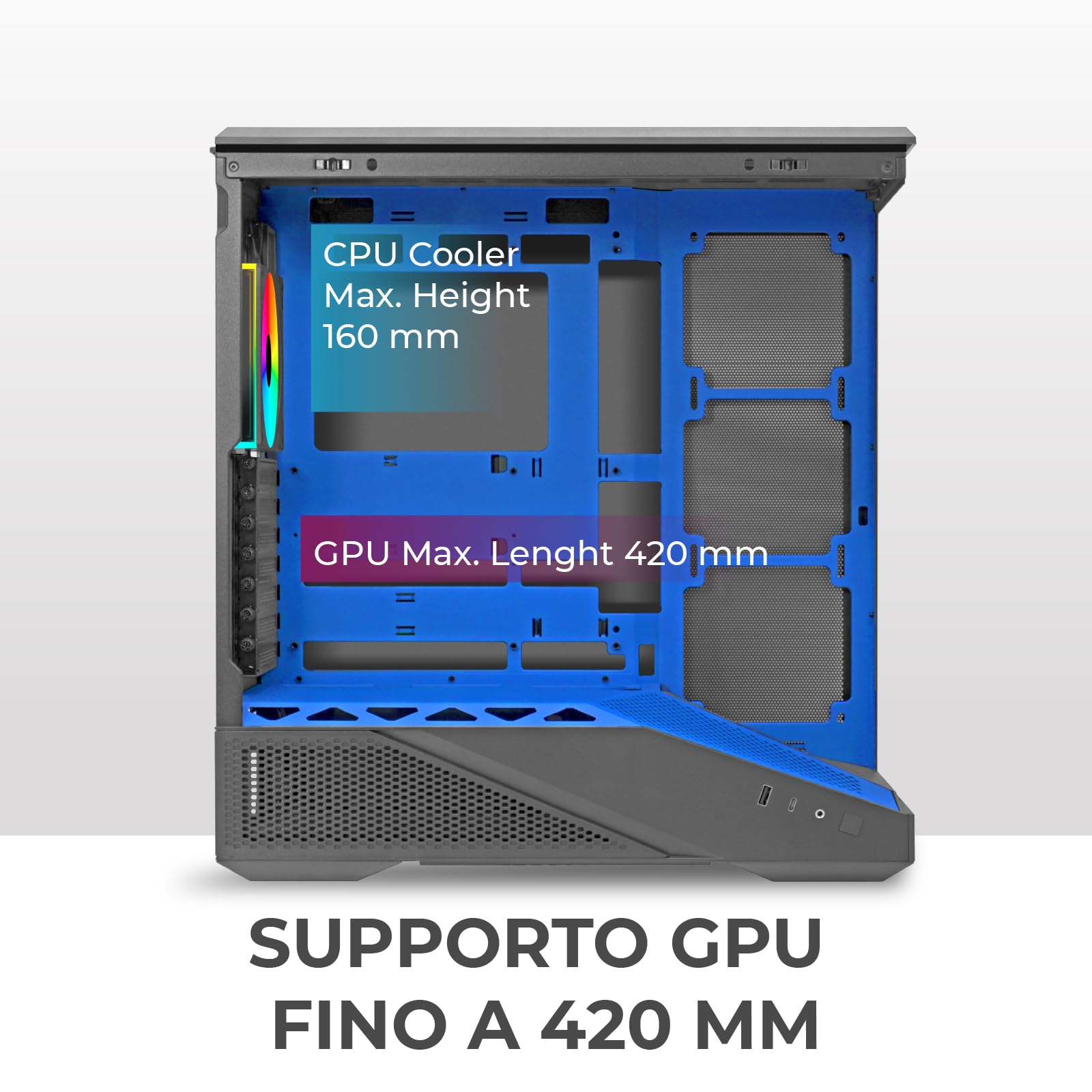 Noua Cool GB200 | Case PC Gaming ATX Mid Tower | Ventola PWM Led ARGB | USB 3.0 e Type-C | Supporto Raffreddamento Liquido 360 mm | Vetro Temperato e Mesh | Blu