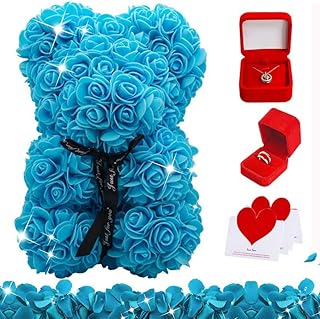 Rose Bear Handmade Teddy Bear Rose with I Love You Necklace + S925 Sterling Silver Couple Rings, Romantic 10 inch Flower B...