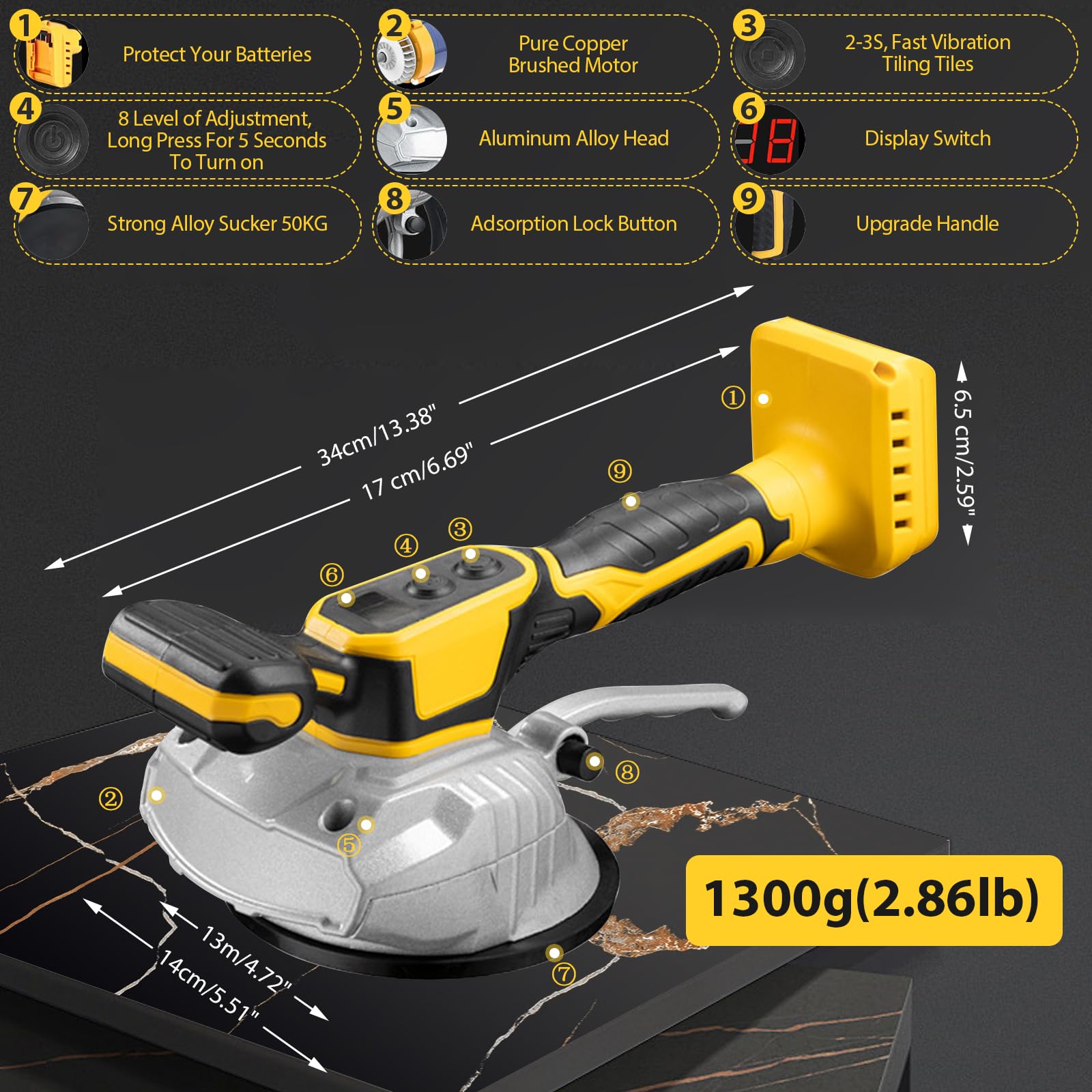 Machine de carrelage 50kg, Vibreur Carrelage Manuel Machine Compatible avec Dewalt 20V Akku, 8 Vitesses Réglable, Tile Vibrator de Carreleur Capacité d'Adsorption, Machine à Carrelage 130mm