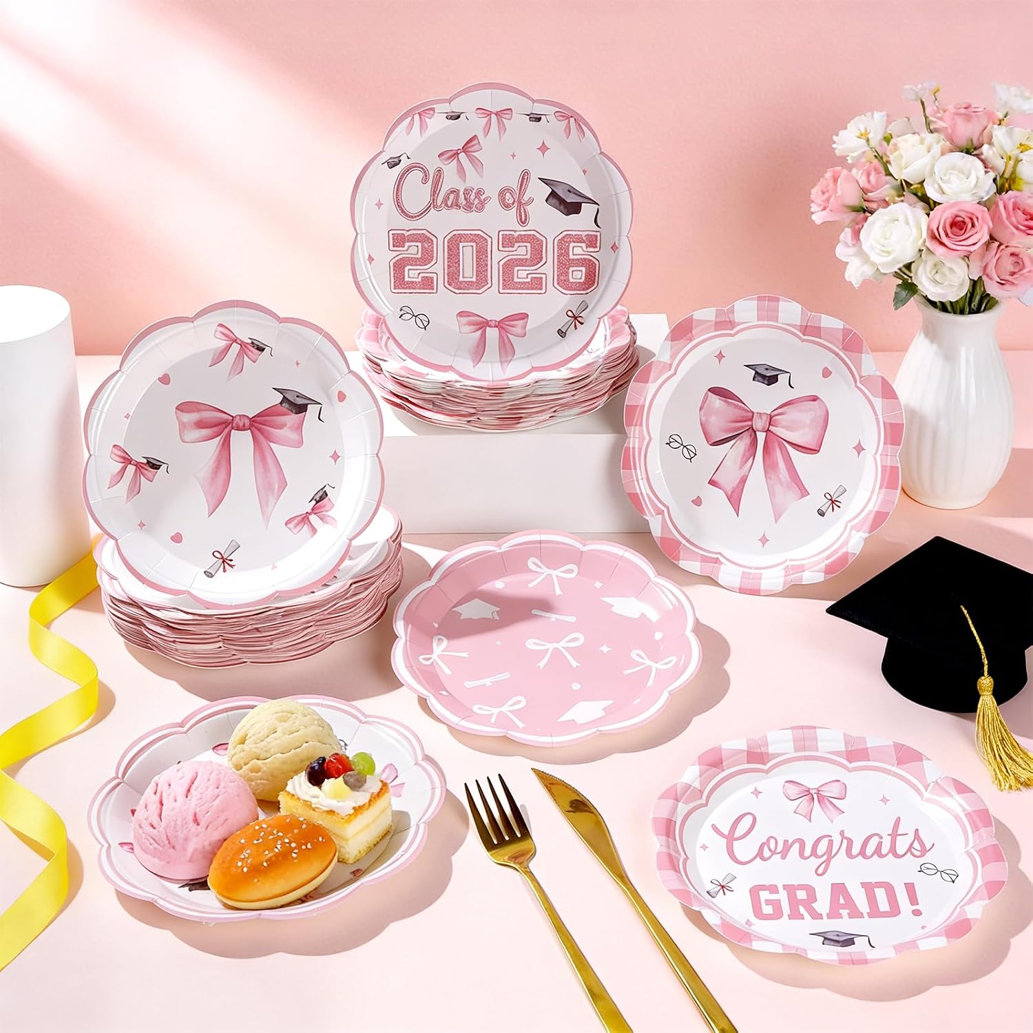 96Pcs Pink Bow Graduation Decorations Bow Graduation Paper Plates 2026 Congrats Grad Party Supplies Disposable Scalloped Dessert Plates Pink Bows Grad Tableware for Class of 2026 Grads Party Supplies
