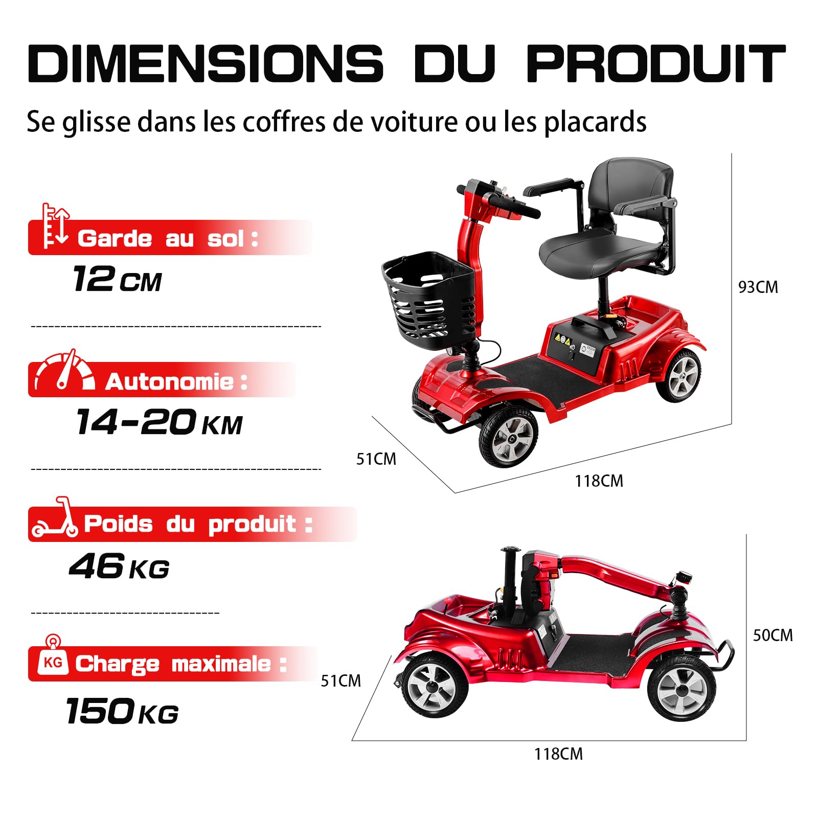 Z02 Véhicule de Mobilité Électrique Pliable et Léger pour Adultes, 4 Roues Trottinette Électrique Adulte avec Siège, Autonomie 20KM, Conçu pour Personnes à Mobilité Réduite et Handicapés (Rouge)