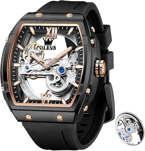 Miniatura 16 de OUPINKE Reloj para hombre, cuerda automática, de lujo, esqueleto, mecánico, vestido de negocios, cuadrado, relojes de pulsera con calendario, negro